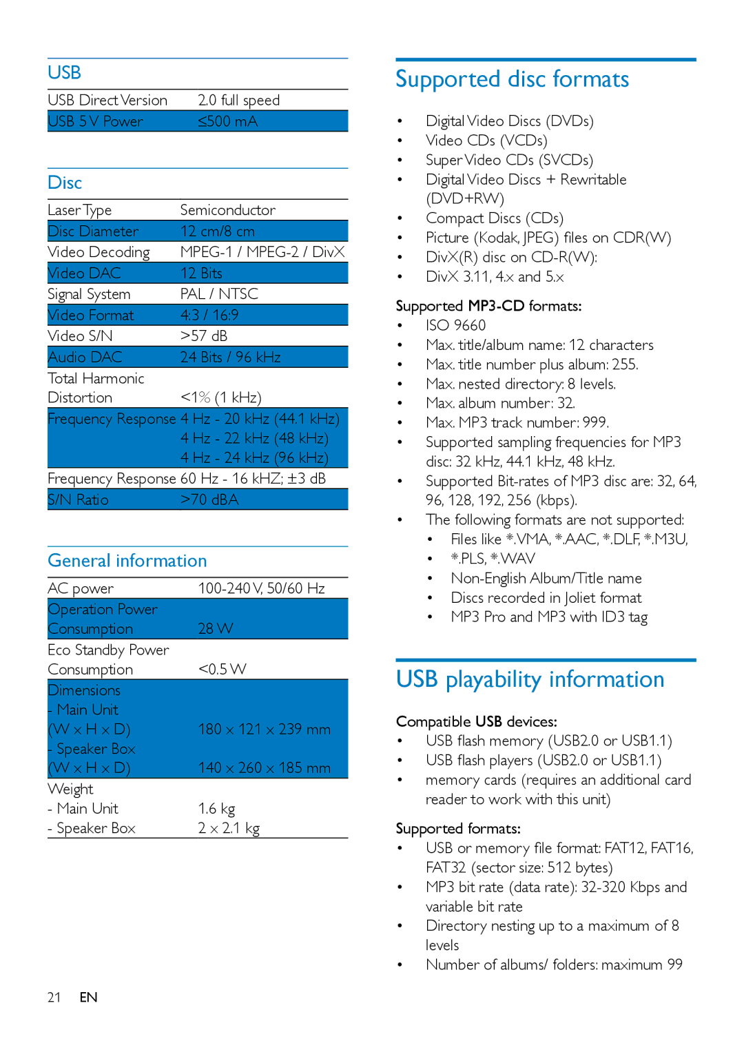 Philips MCD2160 user manual Supported disc formats, USB playability information, Disc, General information, PAL / Ntsc 