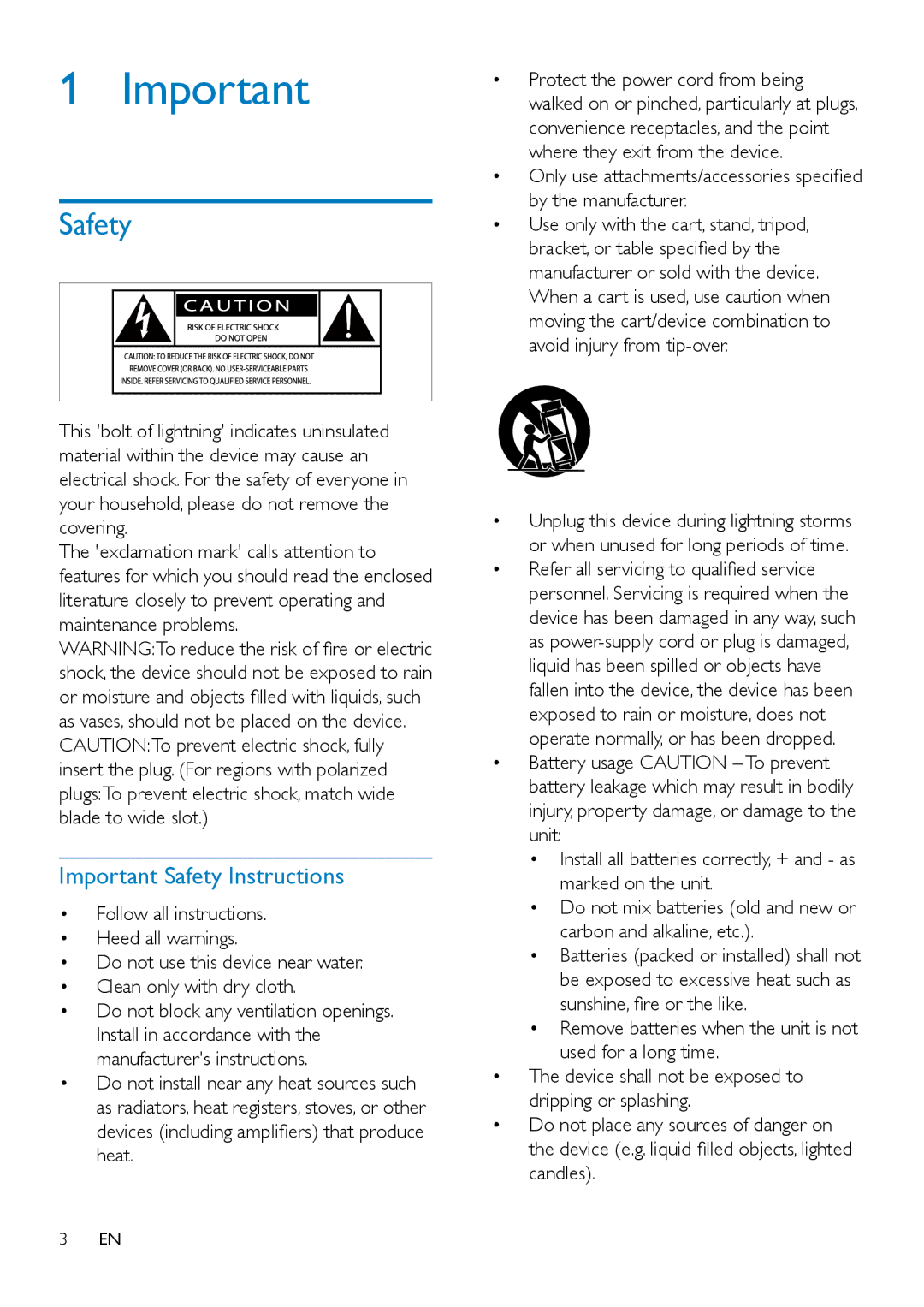 Philips MCD2160 user manual Important Safety Instructions, Remove batteries when the unit is not used for a long time 