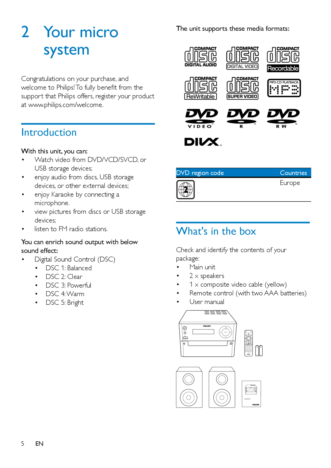 Philips MCD2160 user manual Introduction, Whats in the box, Unit supports these media formats 