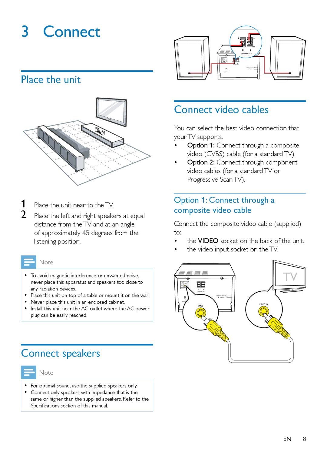 Philips MCD2160 user manual Place the unit, Connect video cables, Connect speakers 