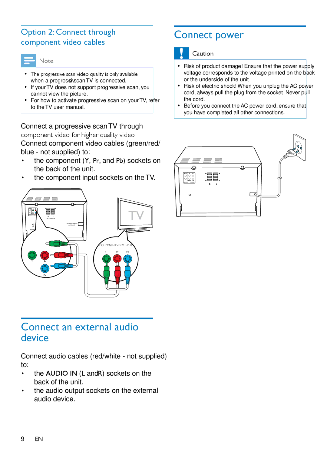 Philips MCD2160 user manual Connect an external audio device, Connect power 