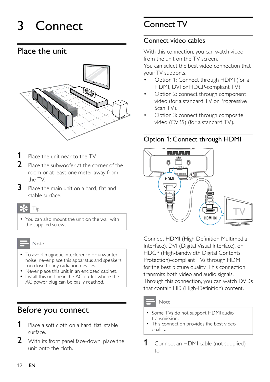 Philips DCM263/55, MCD263/55 user manual Place the unit, Before you connect, Connect TV 