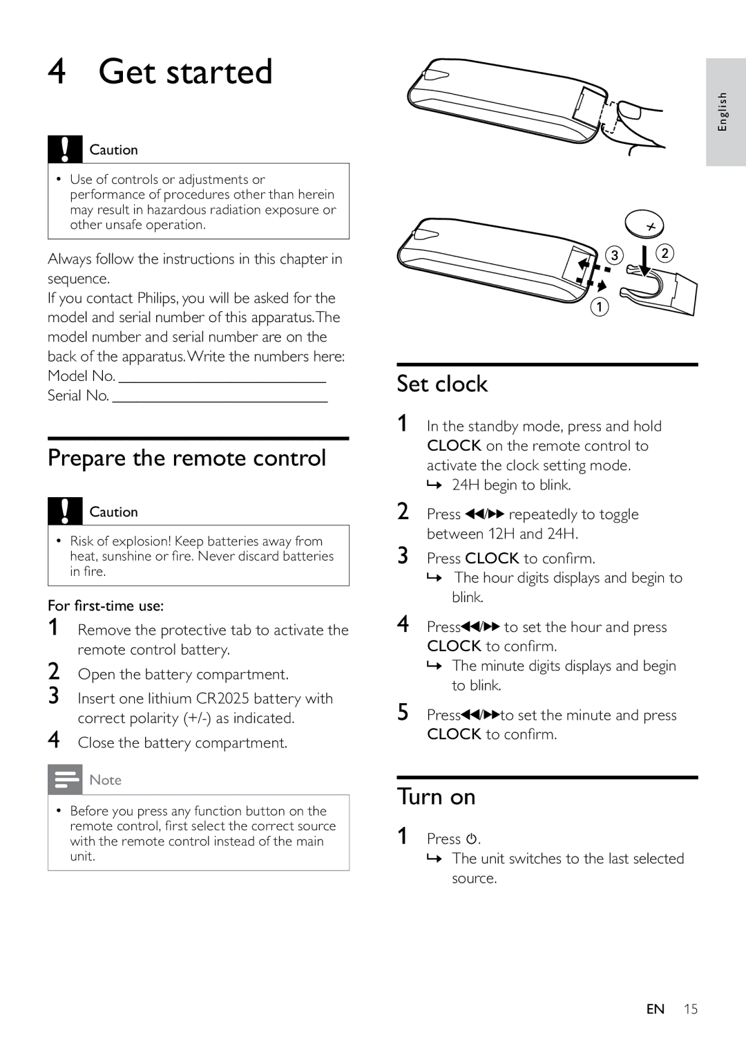 Philips MCD263/55, DCM263/55 user manual Get started, Prepare the remote control, Set clock, Turn on 