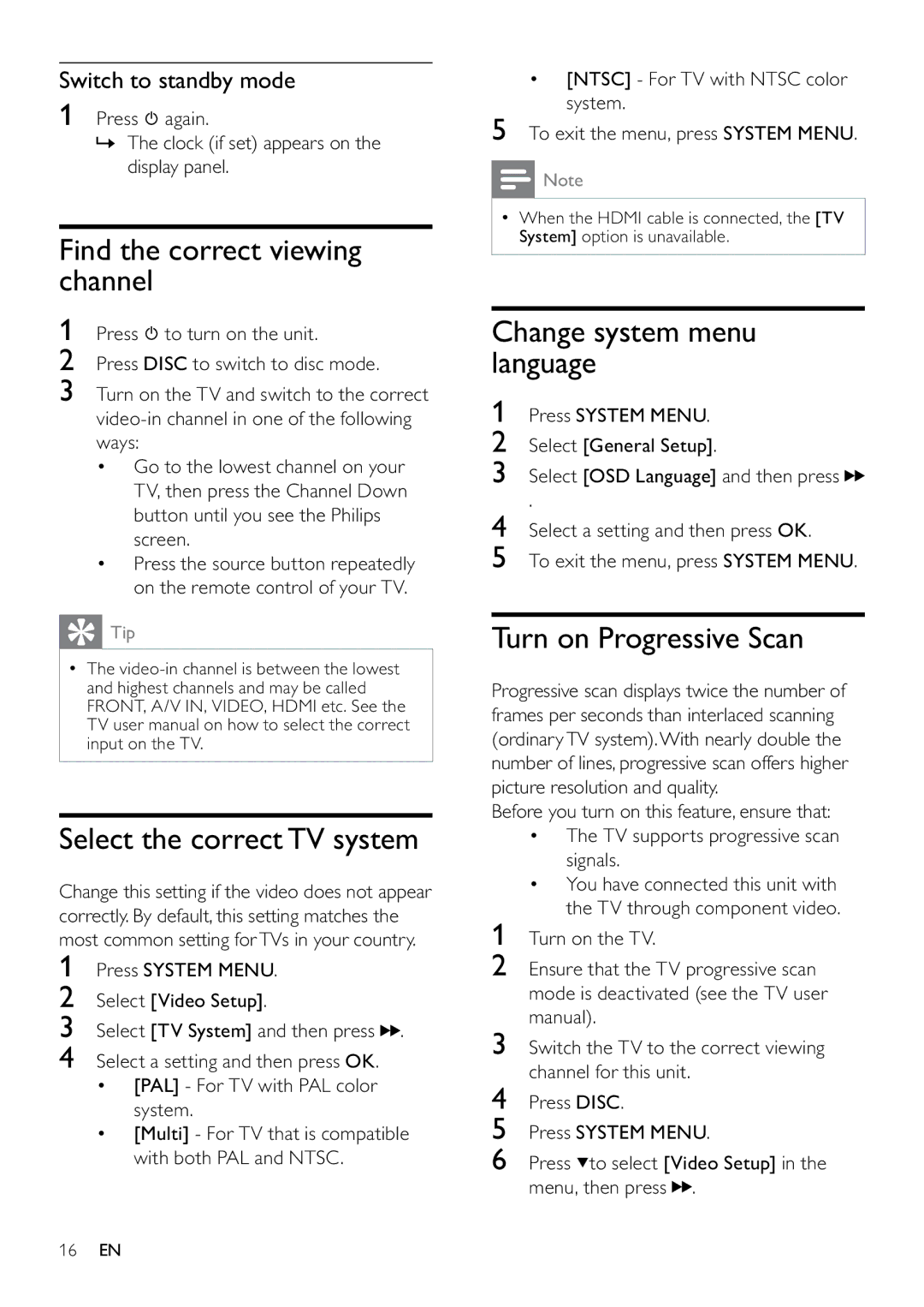 Philips DCM263/55, MCD263 Find the correct viewing channel, Select the correct TV system, Change system menu language 