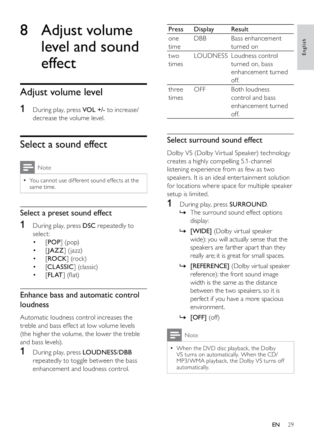 Philips MCD263/55, DCM263/55 user manual Adjust volume level and sound effect, Select a sound effect 