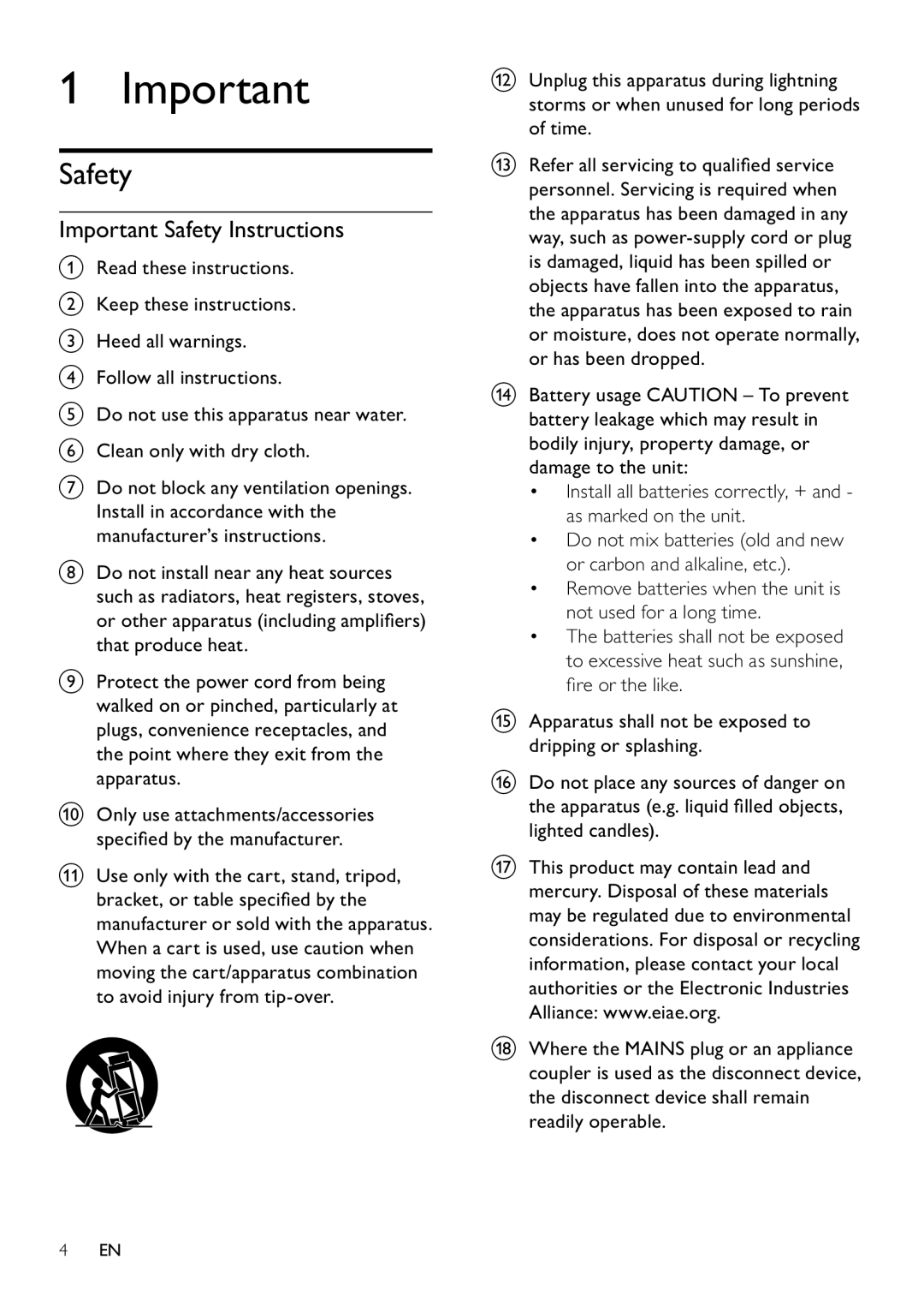 Philips DCM263/55, MCD263 Important Safety Instructions, Remove batteries when the unit is not used for a long time 