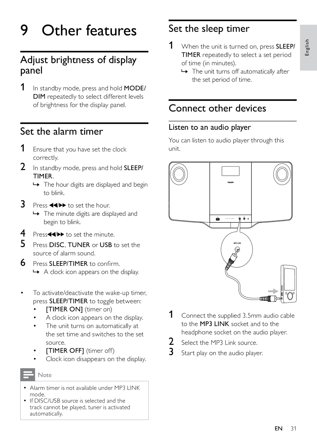 Philips DCM263, MCD263 Other features, Adjust brightness of display panel, Set the alarm timer, Set the sleep timer 