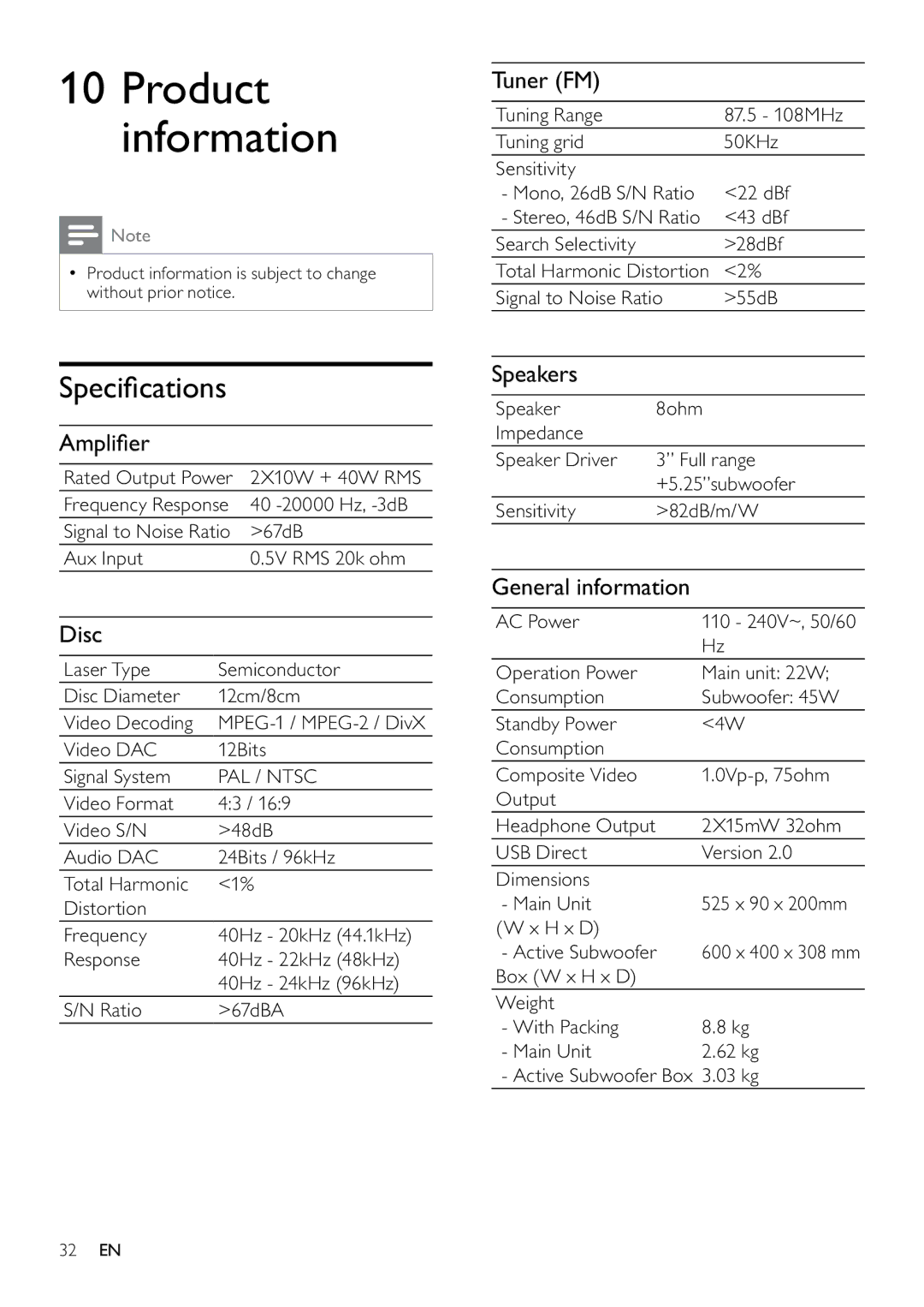 Philips DCM263/55, MCD263/55 user manual Product information, Speciﬁcations 