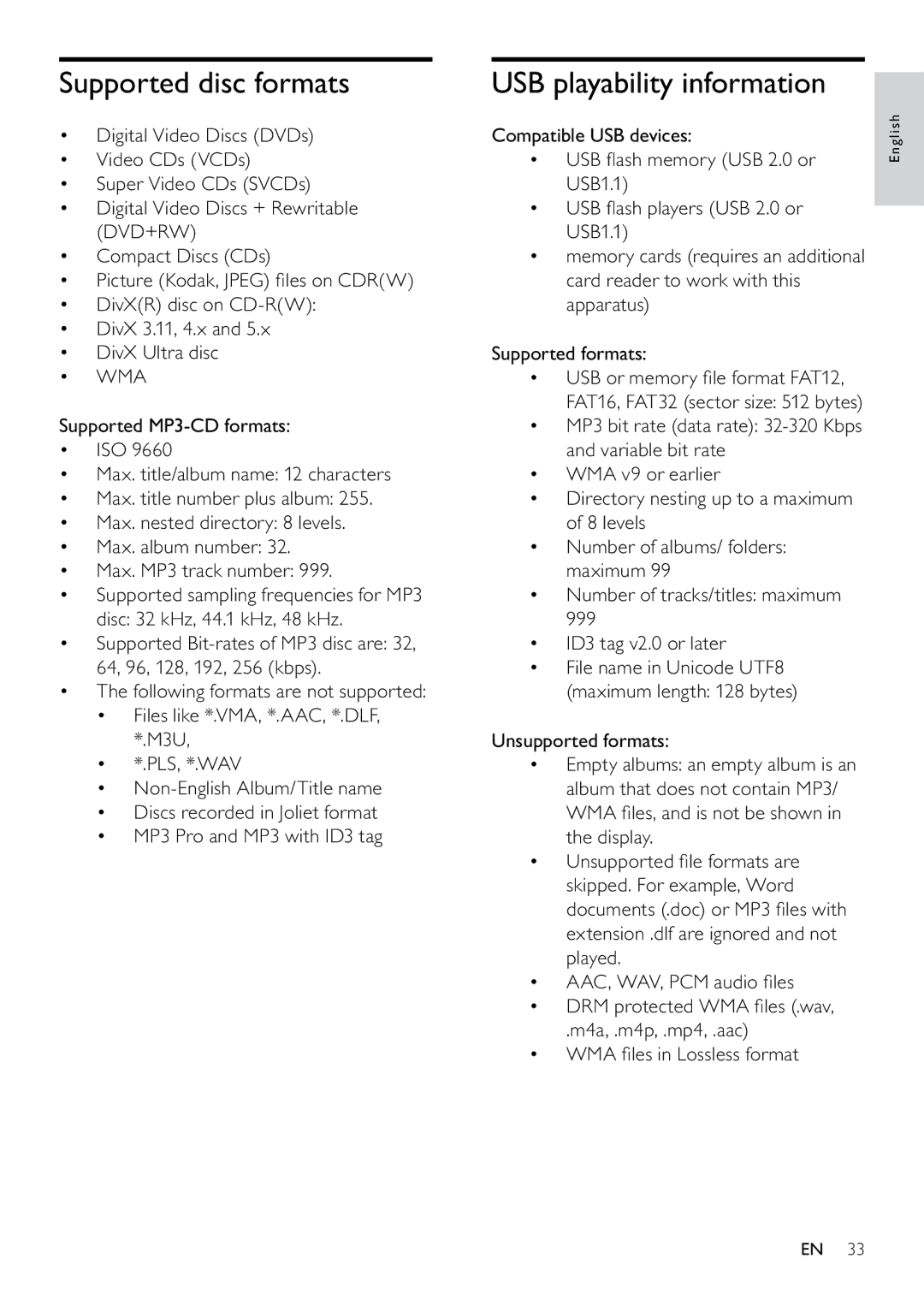 Philips MCD263/55, DCM263/55 user manual Supported disc formats, USB playability information, Wma 