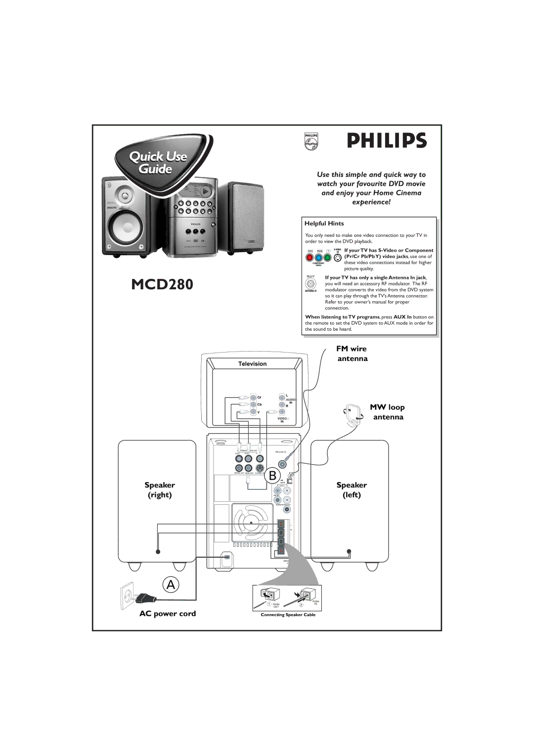 Philips MCD280/30 owner manual FM wire antenna, MW loop antenna Speaker Left, AC power cord 