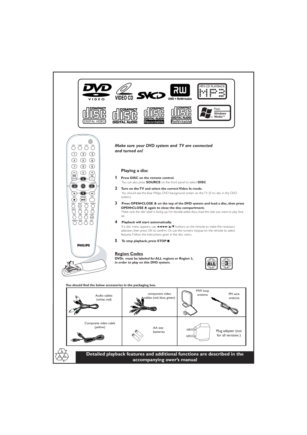 Philips MCD280/30 owner manual Press Disc on the remote control, Turn on the TV and select the correct Video In mode 