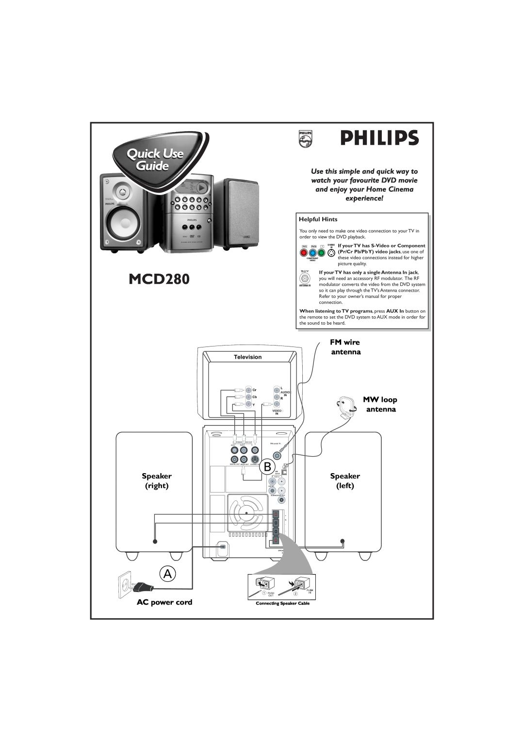 Philips MCD280/30 owner manual FM wire antenna, right, MW loop antenna Speaker left, AC power cord, Helpful Hints 