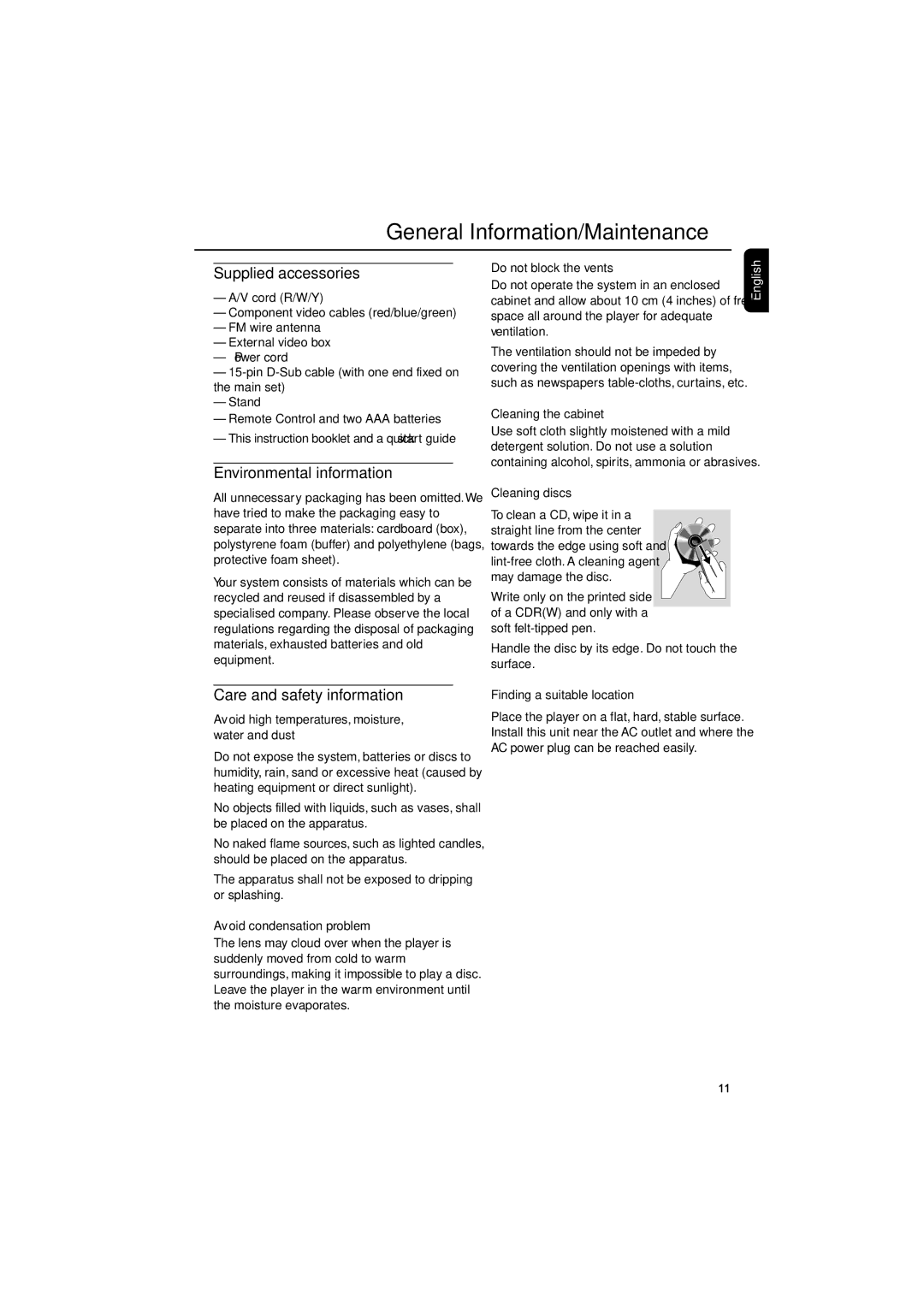 Philips MCD288 user manual General Information/Maintenance, Supplied accessories, Environmental information 