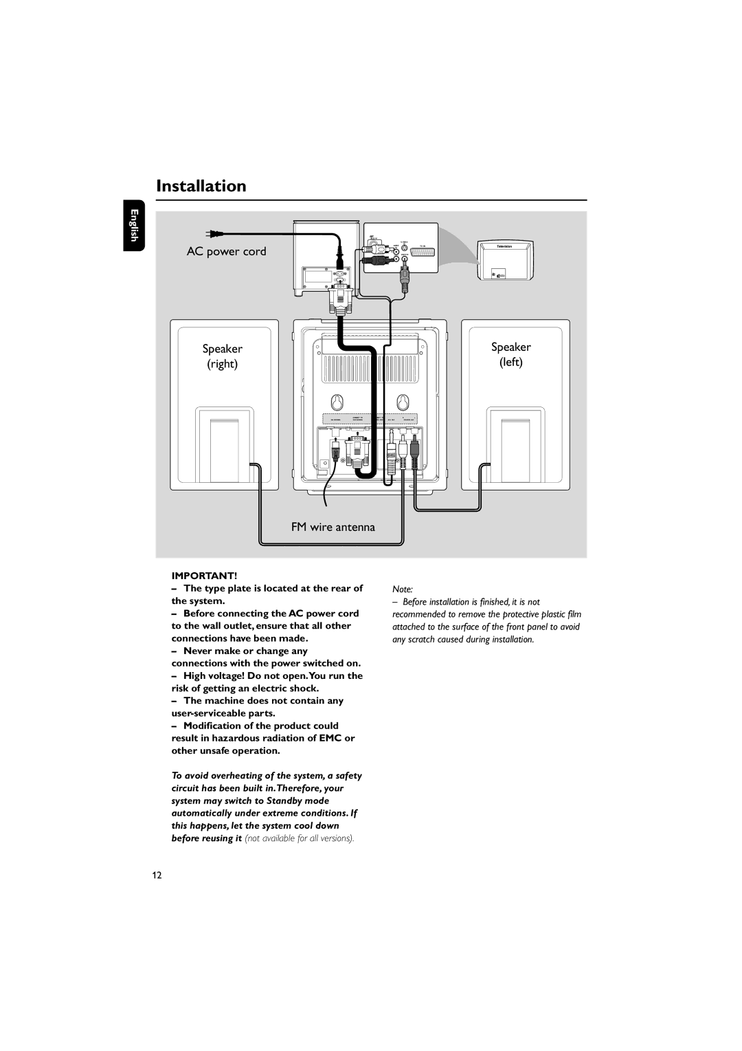 Philips MCD288 user manual Installation, AC power cord, Right Left FM wire antenna, Speaker 