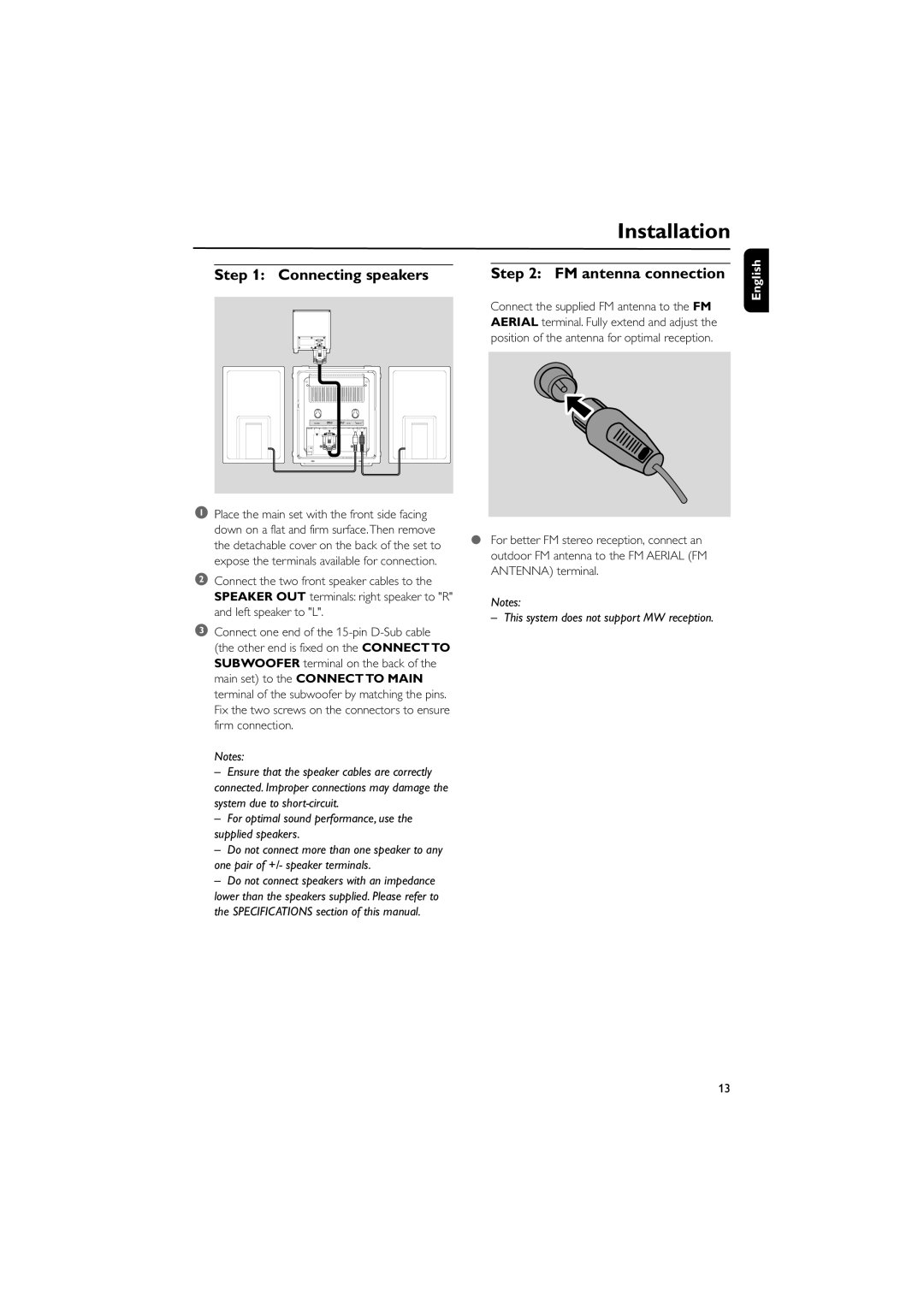 Philips MCD288 user manual Installation, Connecting speakers FM antenna connection 