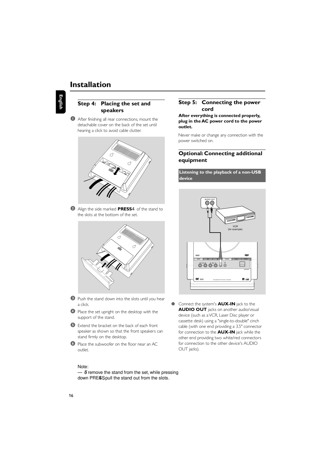 Philips MCD288 Placing the set and speakers, Connecting the power cord, Optional Connecting additional equipment 