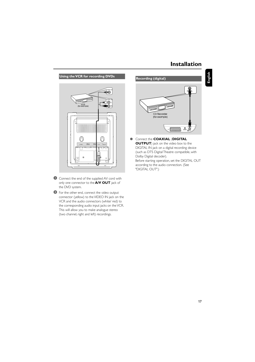 Philips MCD288 user manual Using the VCR for recording DVDs, Recording digital English 