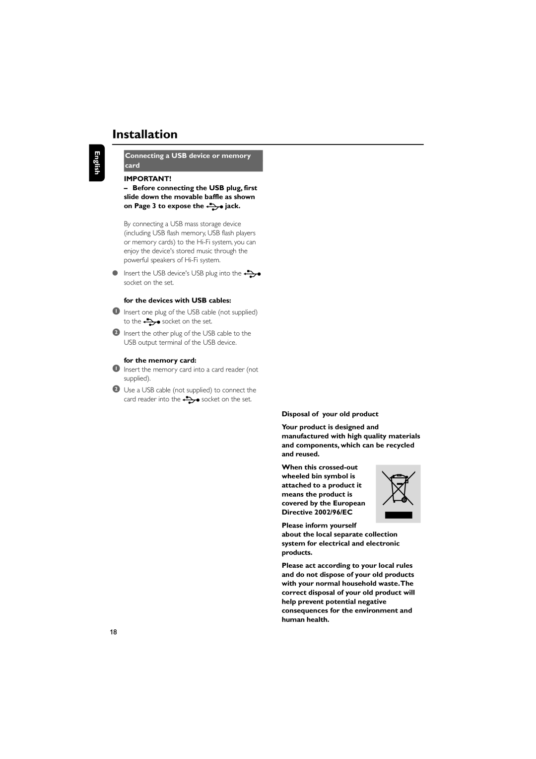 Philips MCD288 user manual Connecting a USB device or memory Card, On Page 3 to expose, For the devices with USB cables 