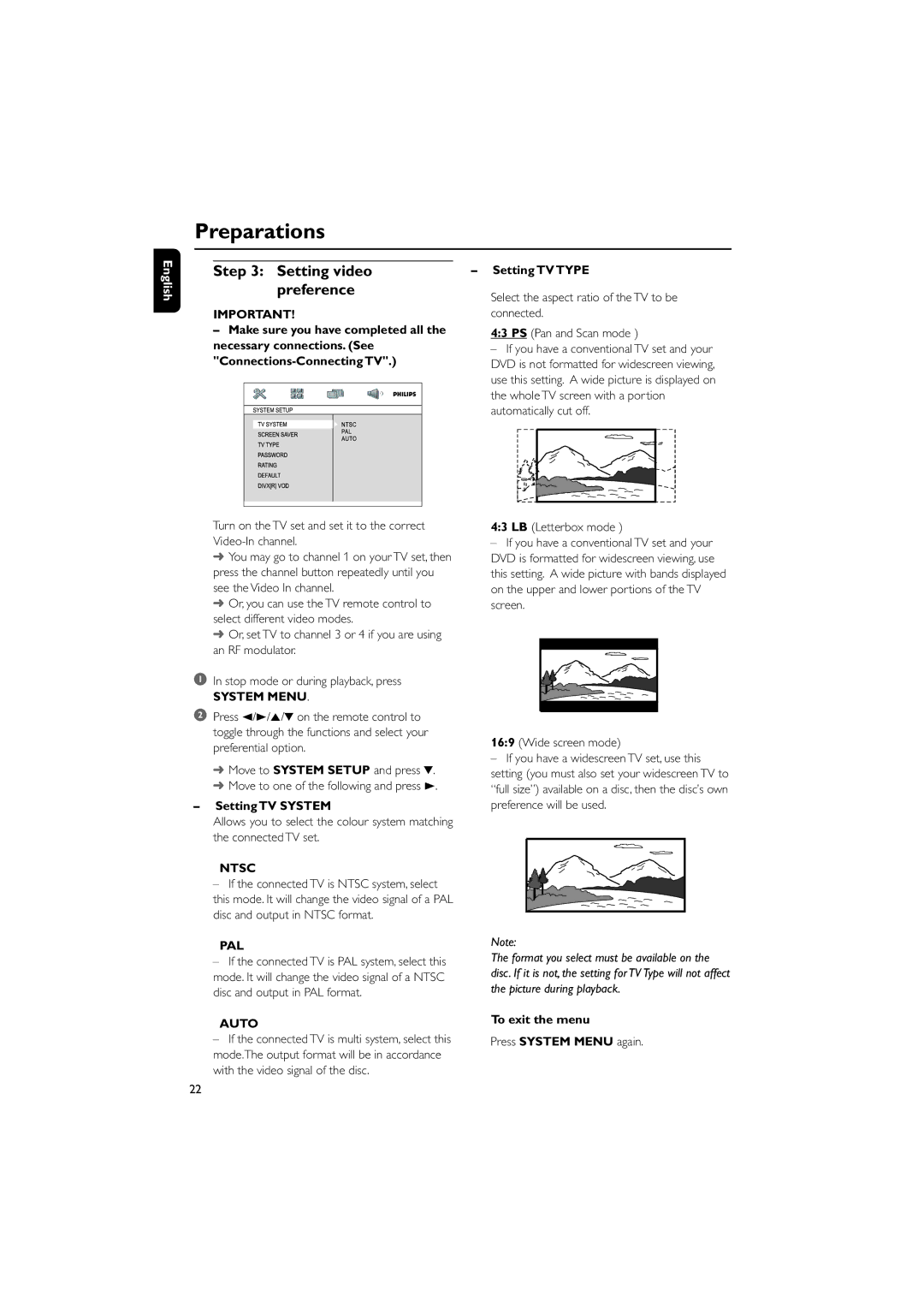 Philips MCD288 user manual Setting video preference, System Menu, Ntsc, Pal, Auto 