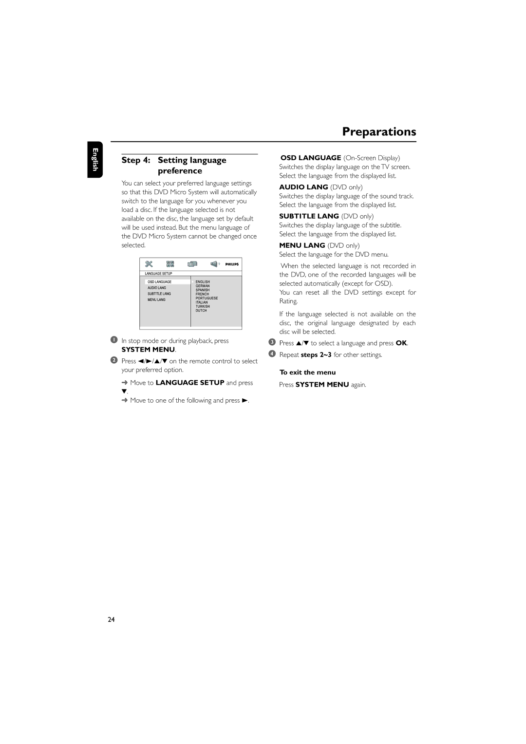 Philips MCD288 user manual Setting language preference, Audio Lang DVD only, Subtitle Lang DVD only, Menu Lang DVD only 