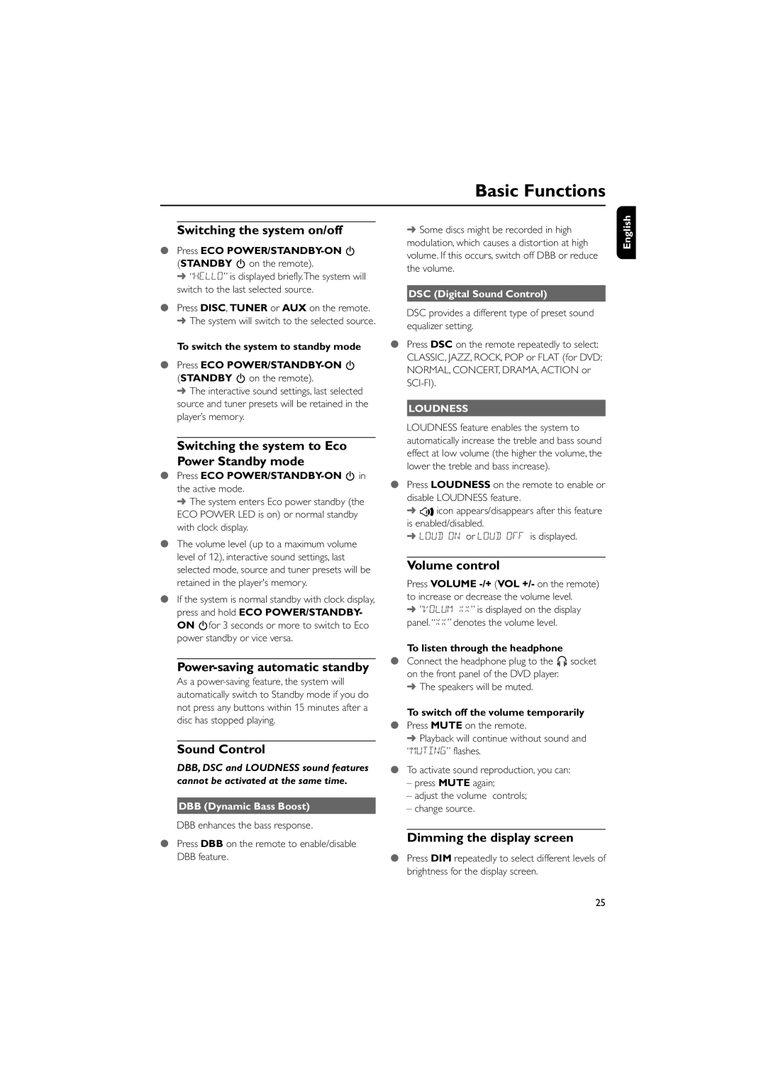 Philips MCD288 user manual Basic Functions 