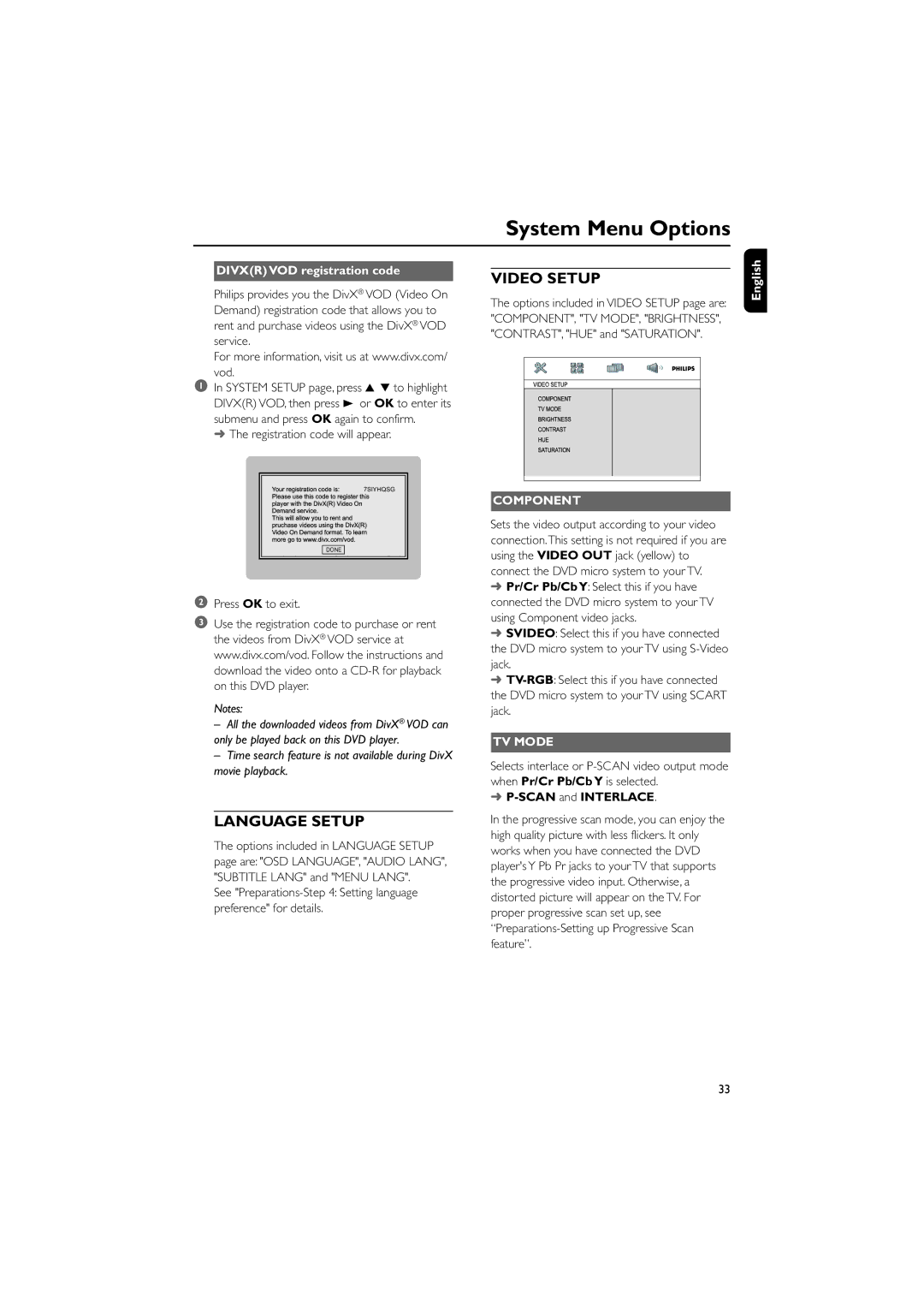 Philips MCD288 user manual Divxr VOD registration code, Component, TV Mode, Scan and Interlace 