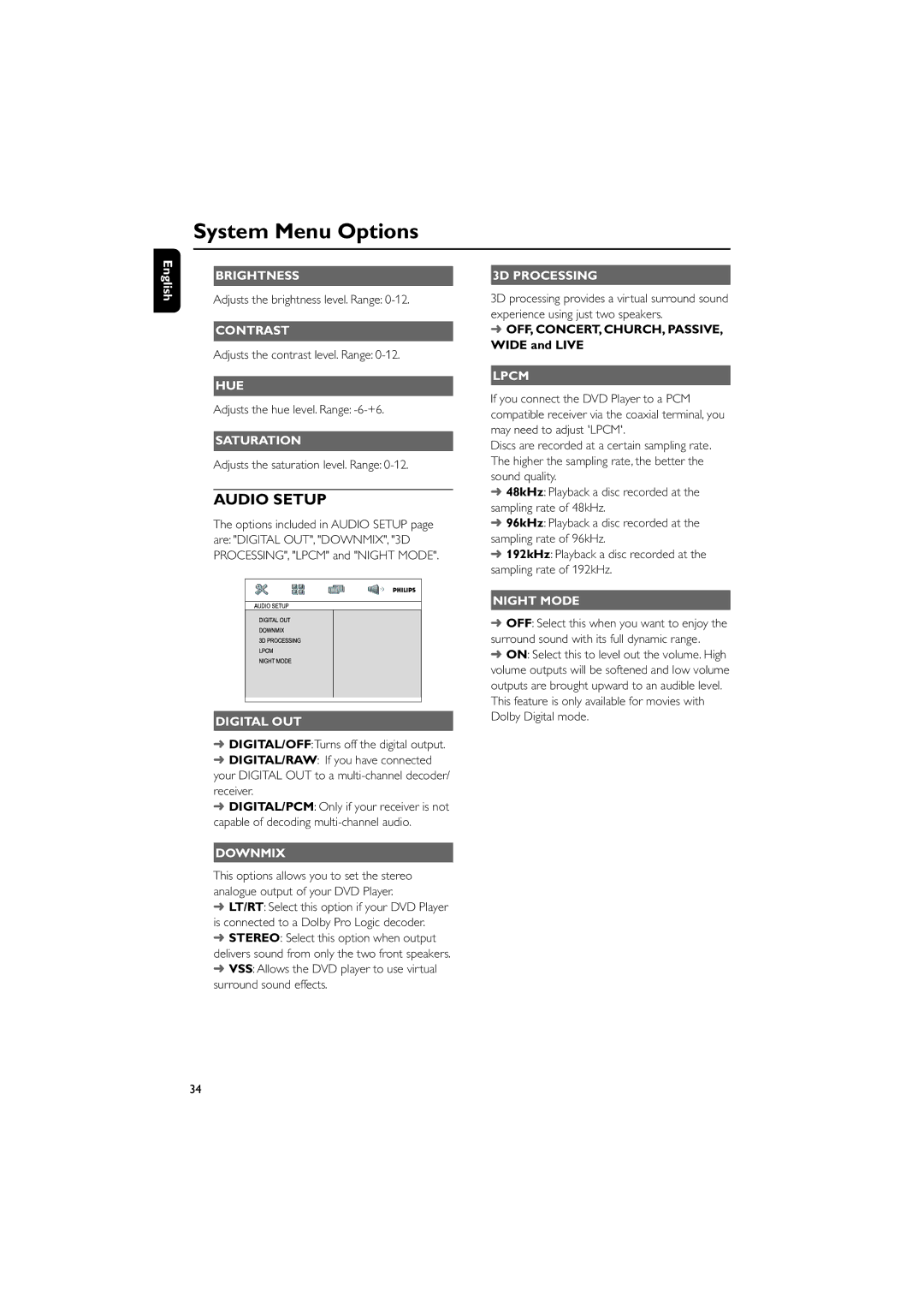 Philips MCD288 user manual Brightness, Contrast, Hue, Saturation, Digital OUT, 3D Processing, Lpcm, Night Mode, Downmix 