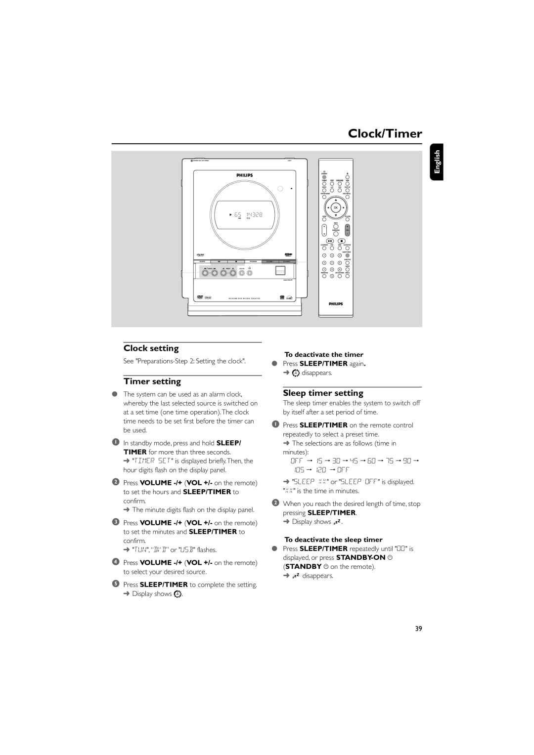 Philips MCD288 Clock setting, Timer setting, Sleep timer setting, To deactivate the timer, To deactivate the sleep timer 