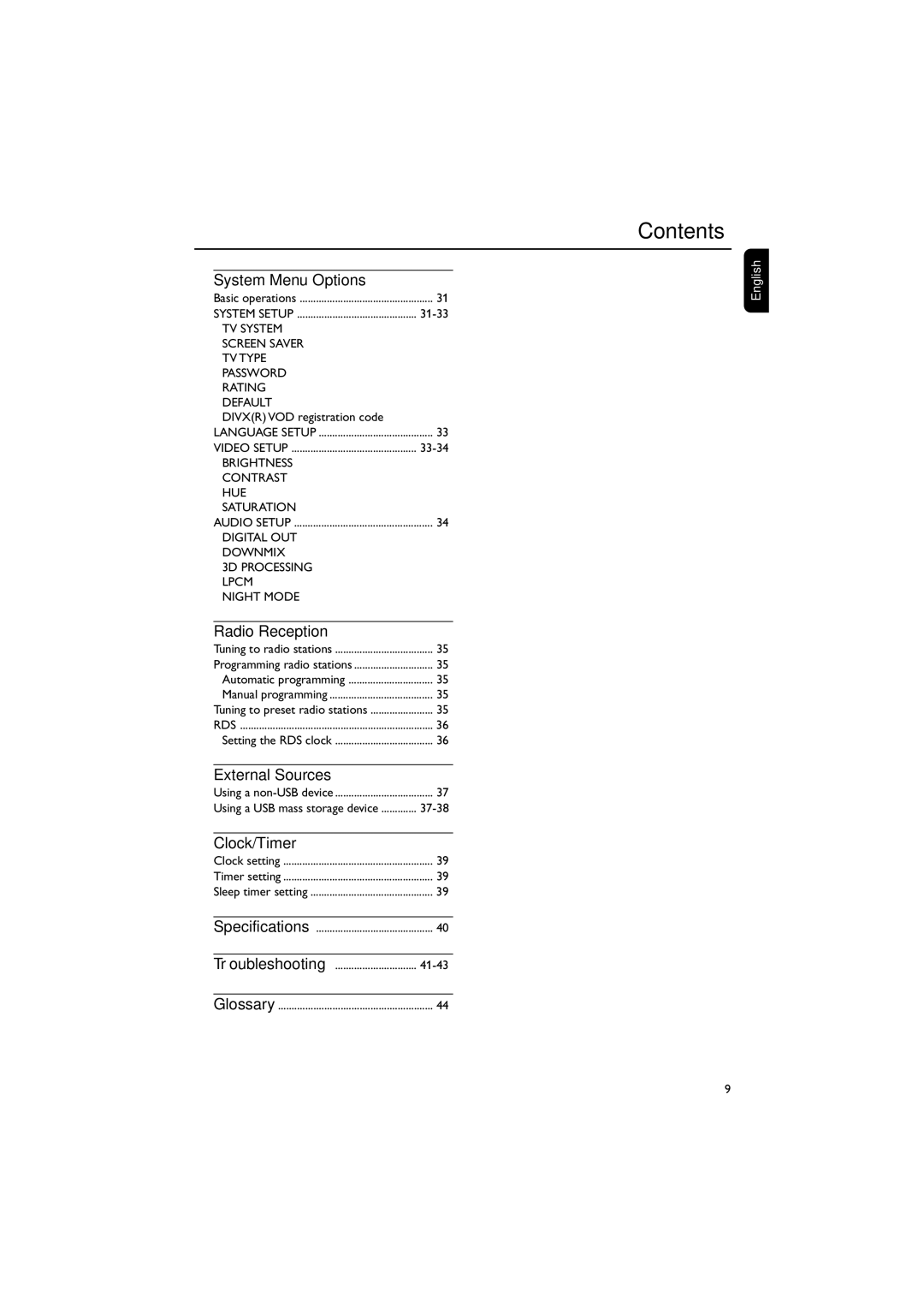 Philips MCD288 user manual System Menu Options, Radio Reception, External Sources, Clock/Timer, Divxr VOD registration code 