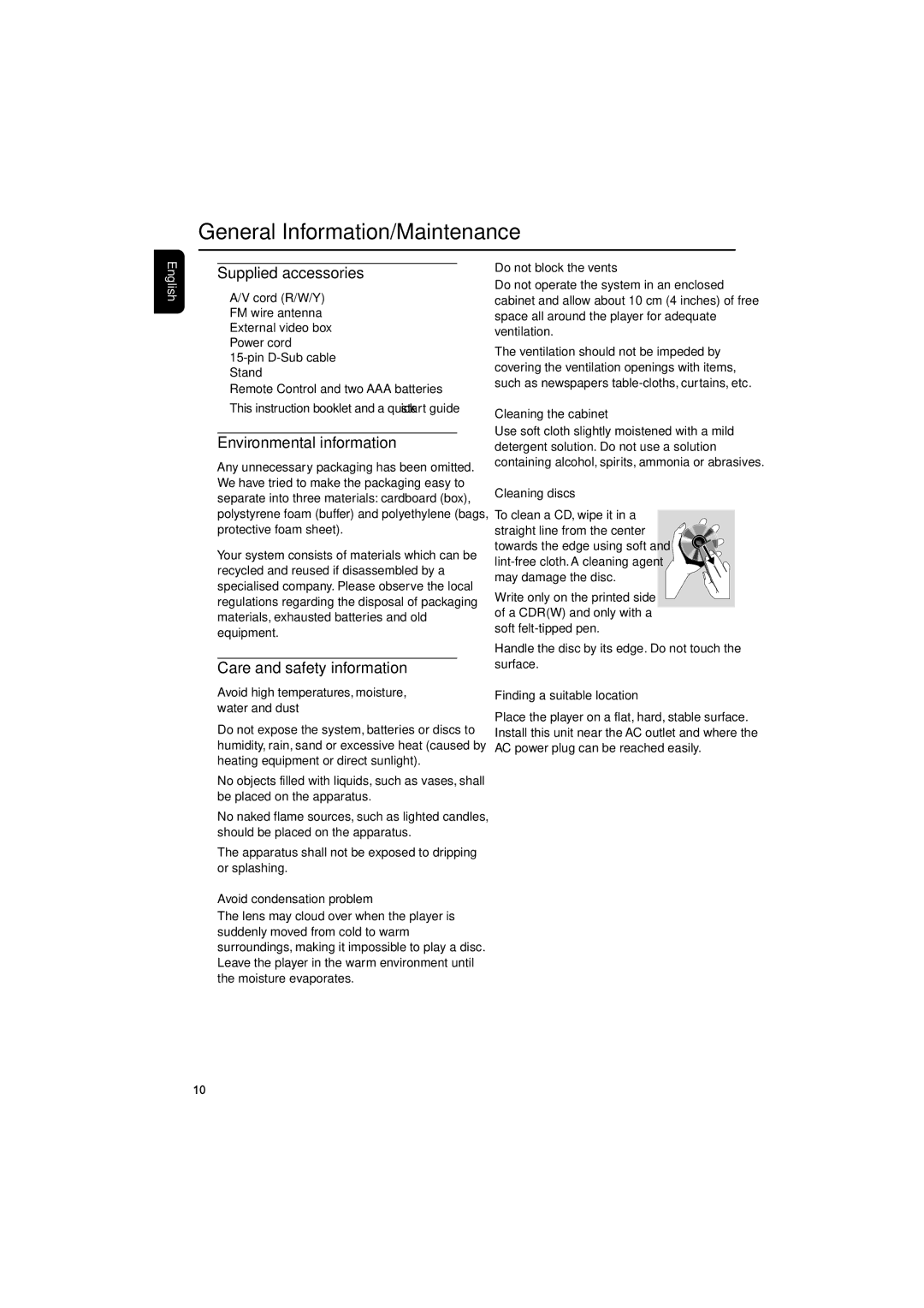 Philips MCD288/05 manual General Information/Maintenance, Supplied accessories, Environmental information 