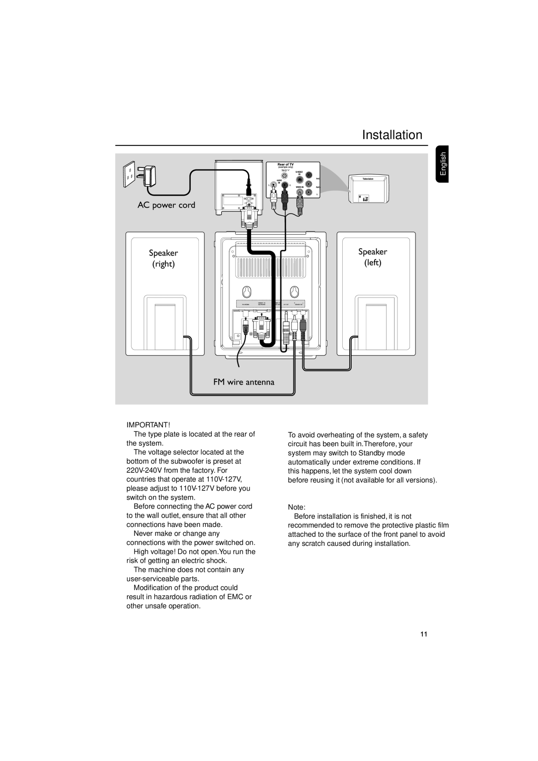 Philips MCD288/05 manual Installation, Speaker, Type plate is located at the rear of the system 