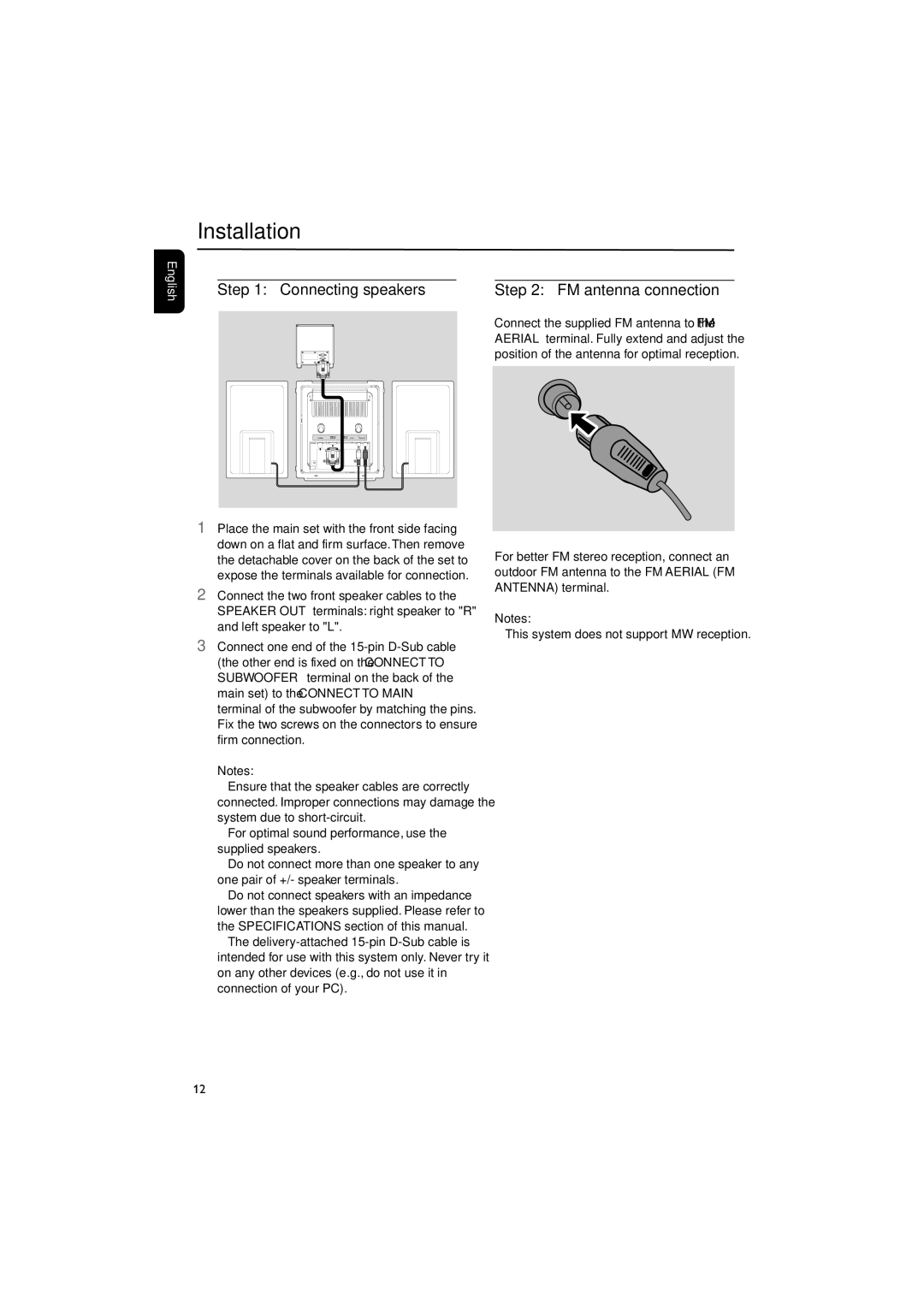 Philips MCD288/05 Connecting speakers FM antenna connection, For optimal sound performance, use the supplied speakers 