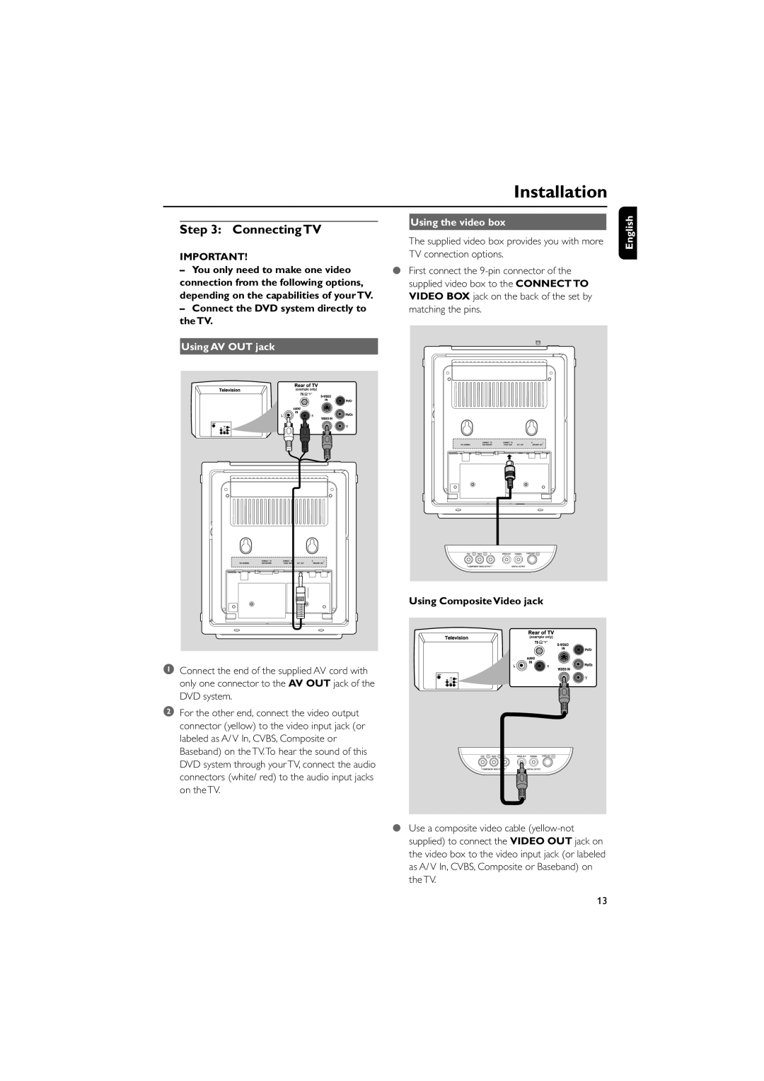 Philips MCD288/05 manual Connecting TV, Using the video box, English Using AV OUT jack 