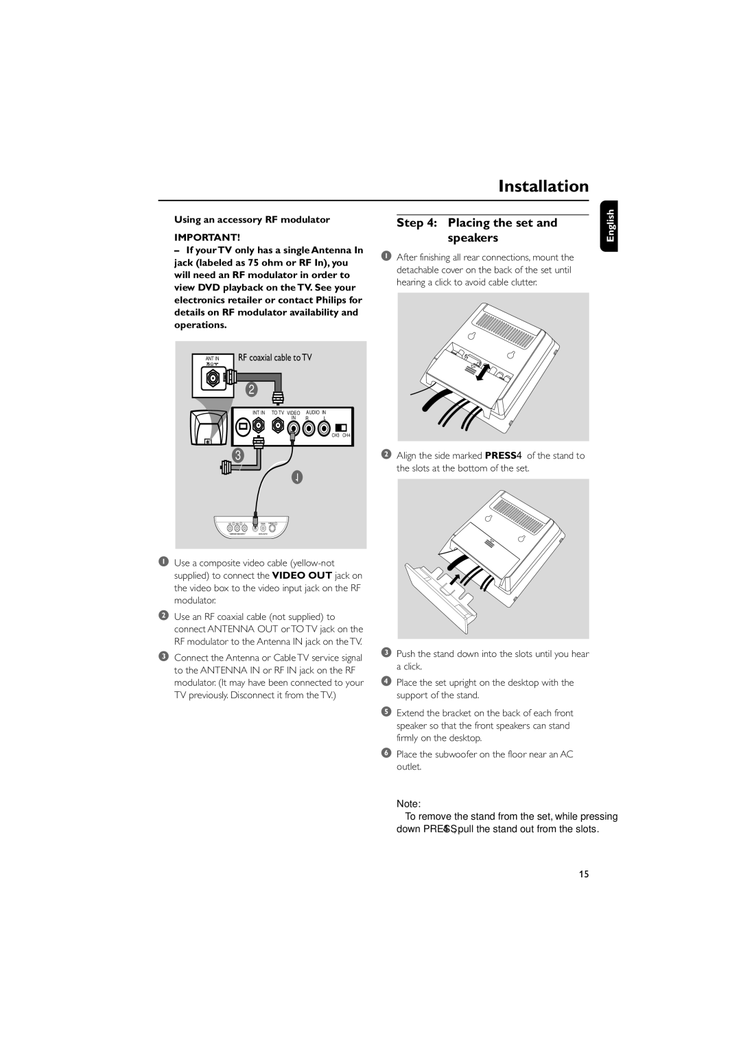 Philips MCD288/05 manual Placing the set and speakers, Using an accessory RF modulator, ANT in RF coaxial cable to TV 