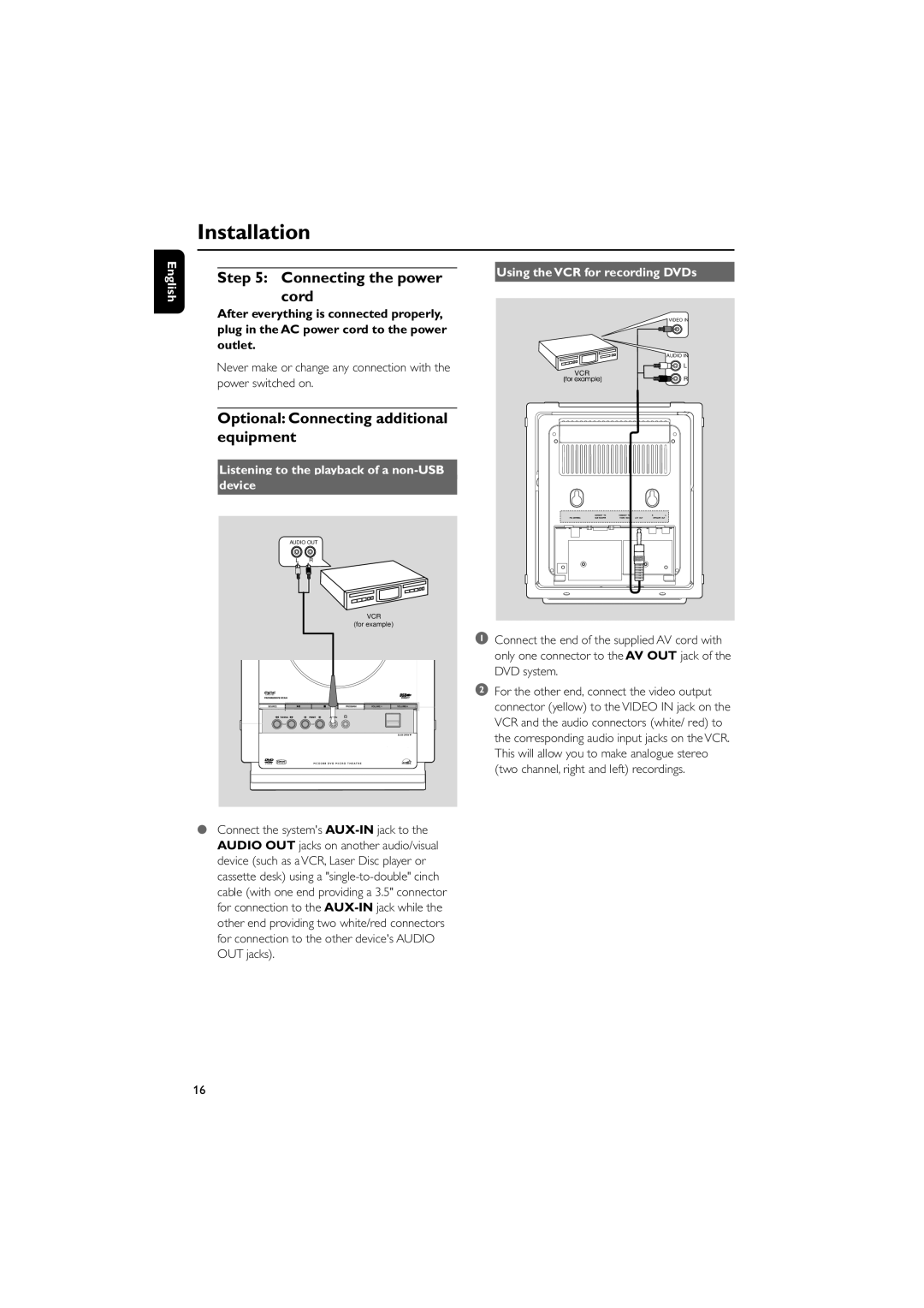 Philips MCD288/05 Connecting the power cord, Optional Connecting additional equipment, Using the VCR for recording DVDs 