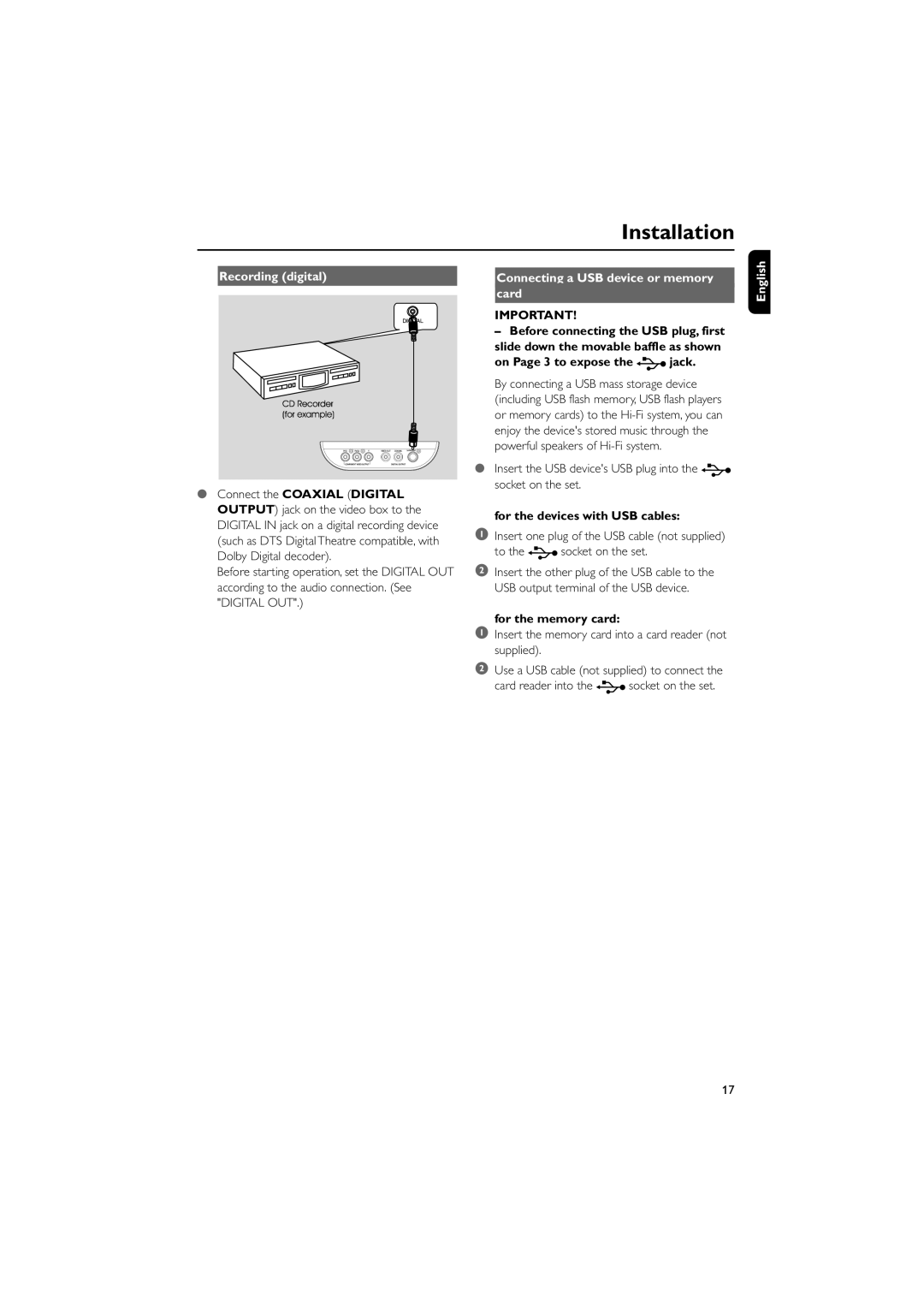 Philips MCD288/05 manual Recording digital, Connecting a USB device or memory Card, On Page 3 to expose the jack 