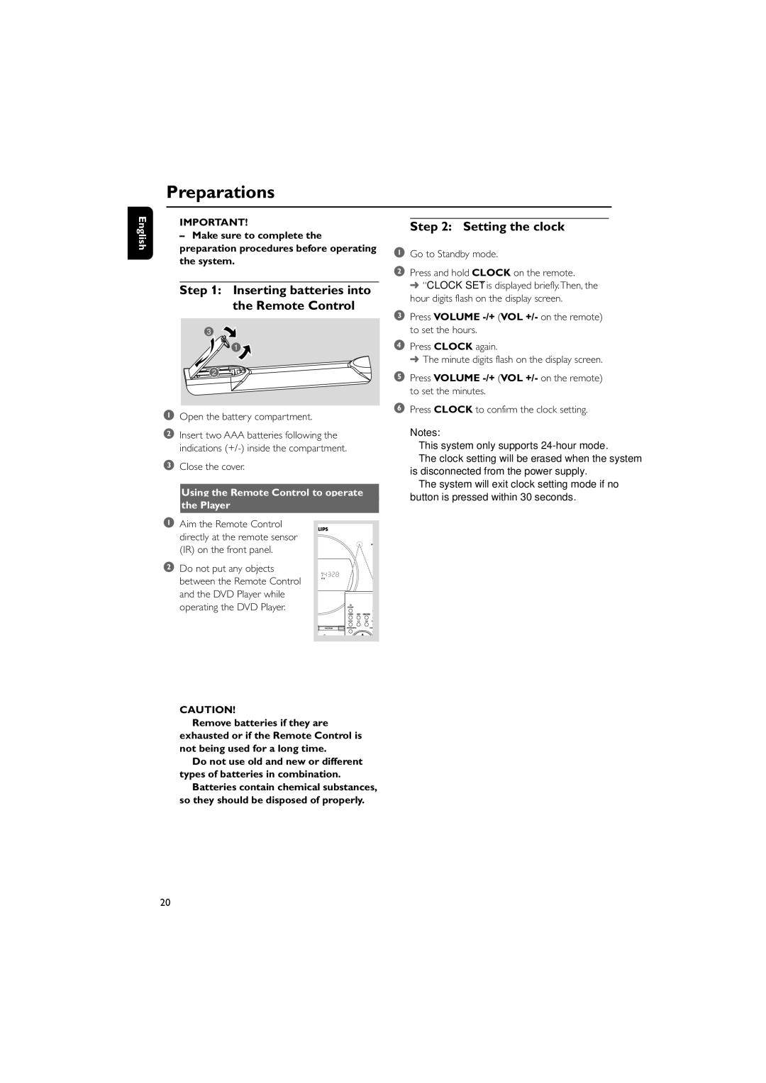 Philips MCD288/05 manual Preparations, Inserting batteries into the Remote Control, Setting the clock 