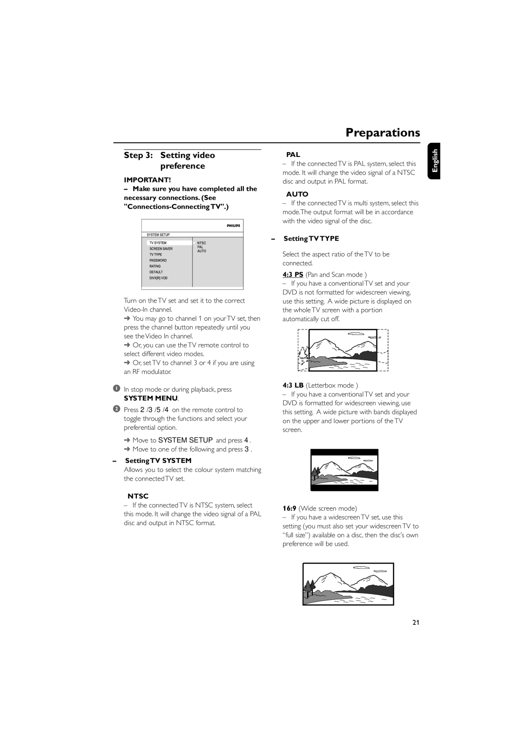 Philips MCD288/05 manual Setting video preference, Setting TV System, Setting TV Type 