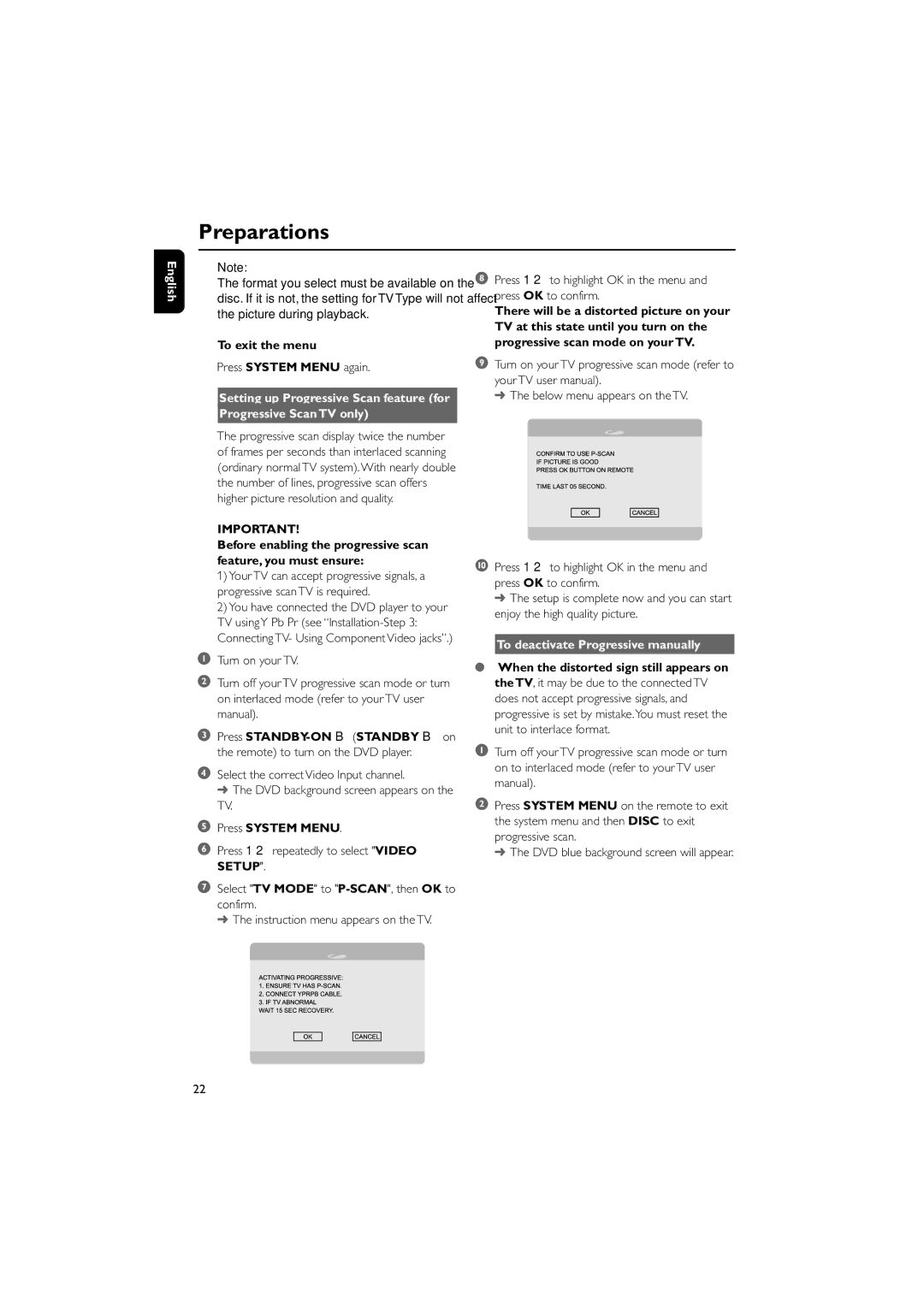 Philips MCD288/05 To exit the menu, Progressive Scan TV only, Press System Menu, To deactivate Progressive manually 