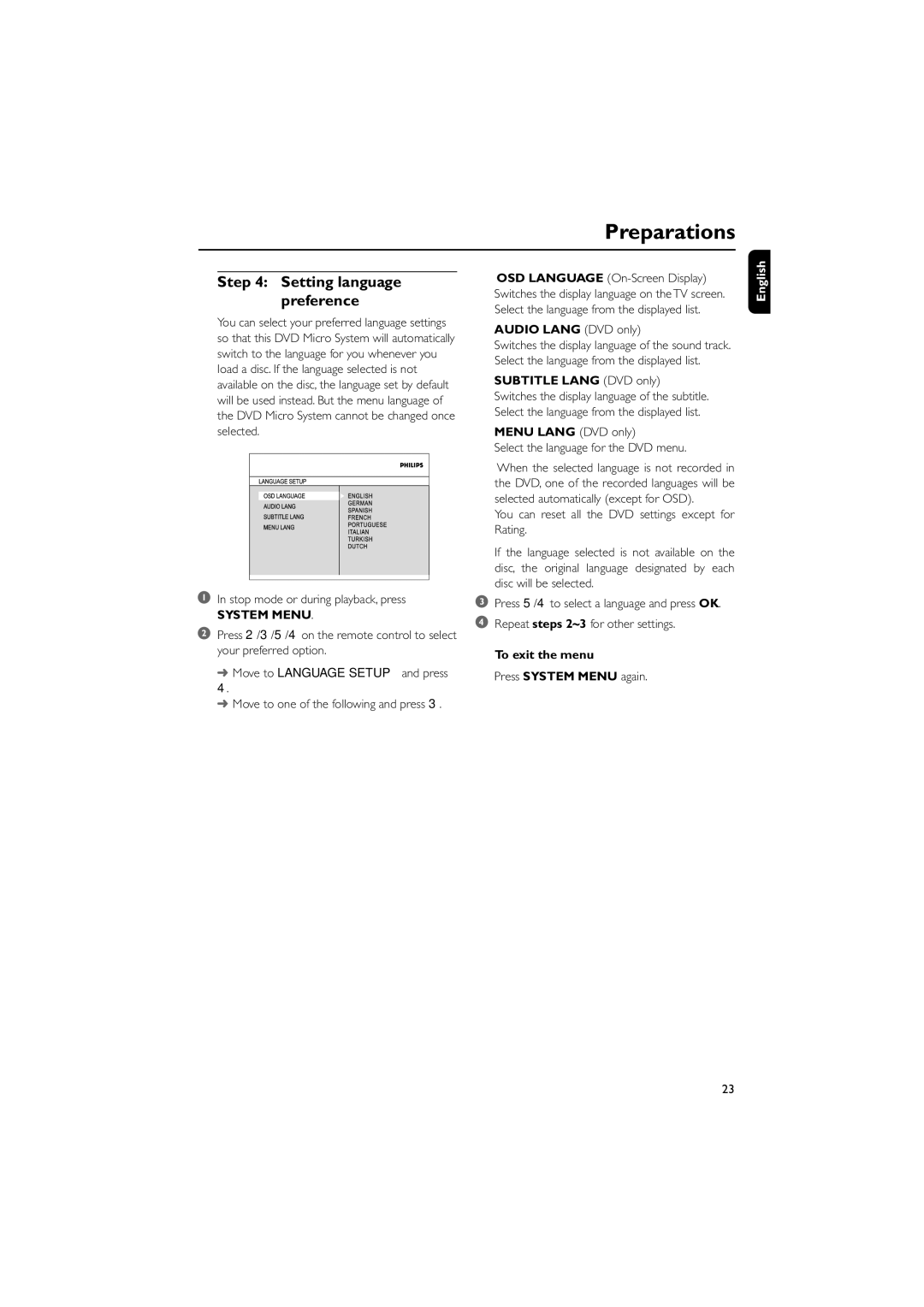 Philips MCD288/05 manual Setting language preference, Audio Lang DVD only, Subtitle Lang DVD only, Menu Lang DVD only 