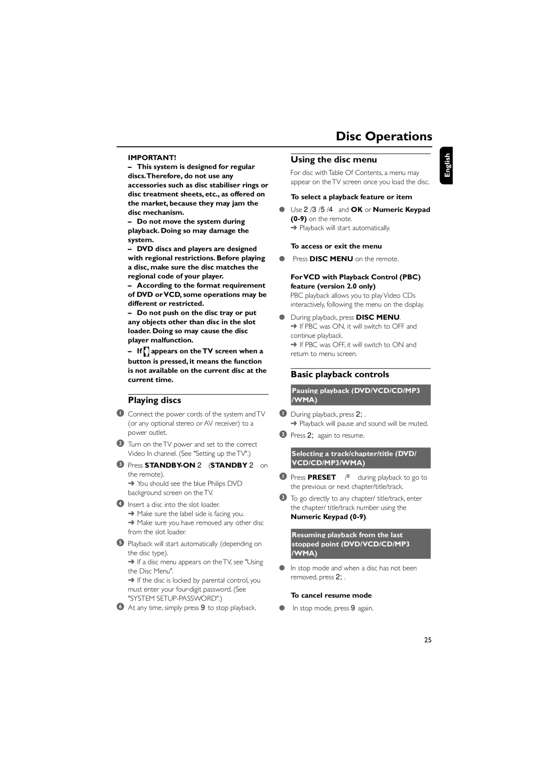 Philips MCD288/05 manual Disc Operations, Playing discs, Using the disc menu, Basic playback controls 