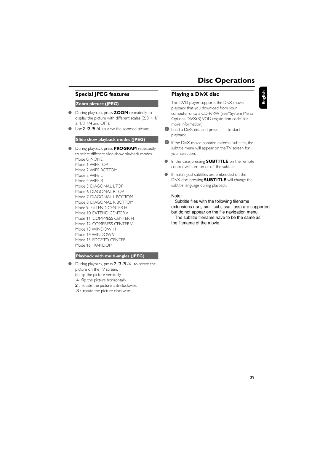 Philips MCD288/05 manual Special Jpeg features, Playing a DivX disc, Zoom picture Jpeg, Slide show playback modes Jpeg 