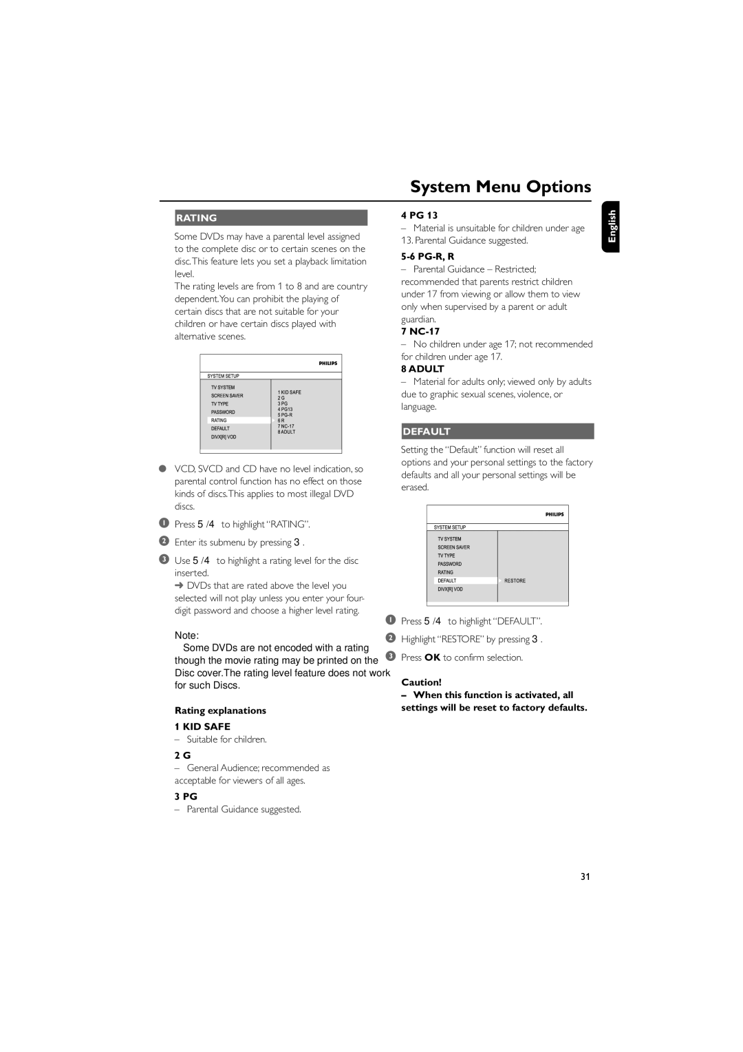 Philips MCD288/05 manual Rating explanations, Pg-R, R, NC-17, Default 