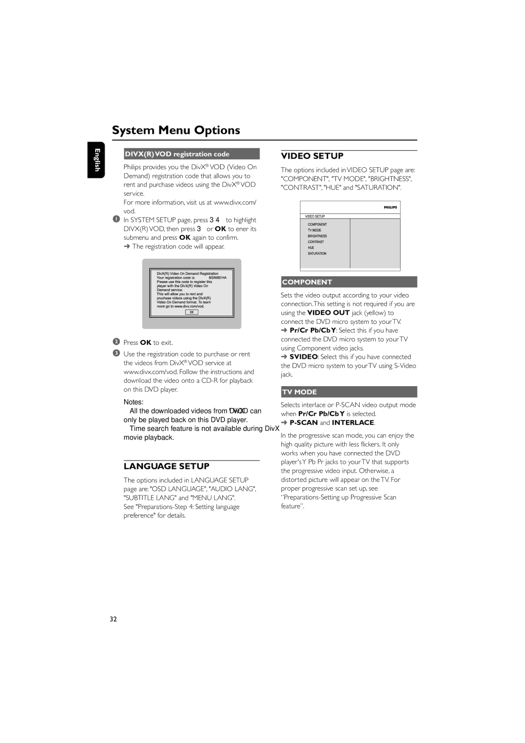 Philips MCD288/05 manual Registration code will appear Press OK to exit, Component, TV Mode, Scan and Interlace 