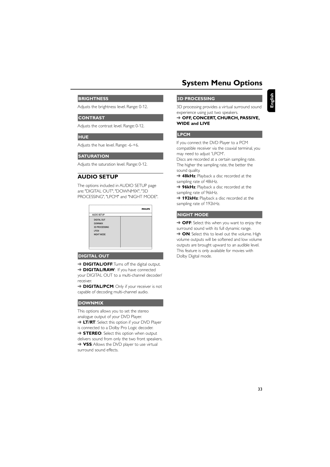 Philips MCD288/05 manual Brightness, Contrast, Hue, Saturation, Digital OUT, 3D Processing, Lpcm, Night Mode, Downmix 