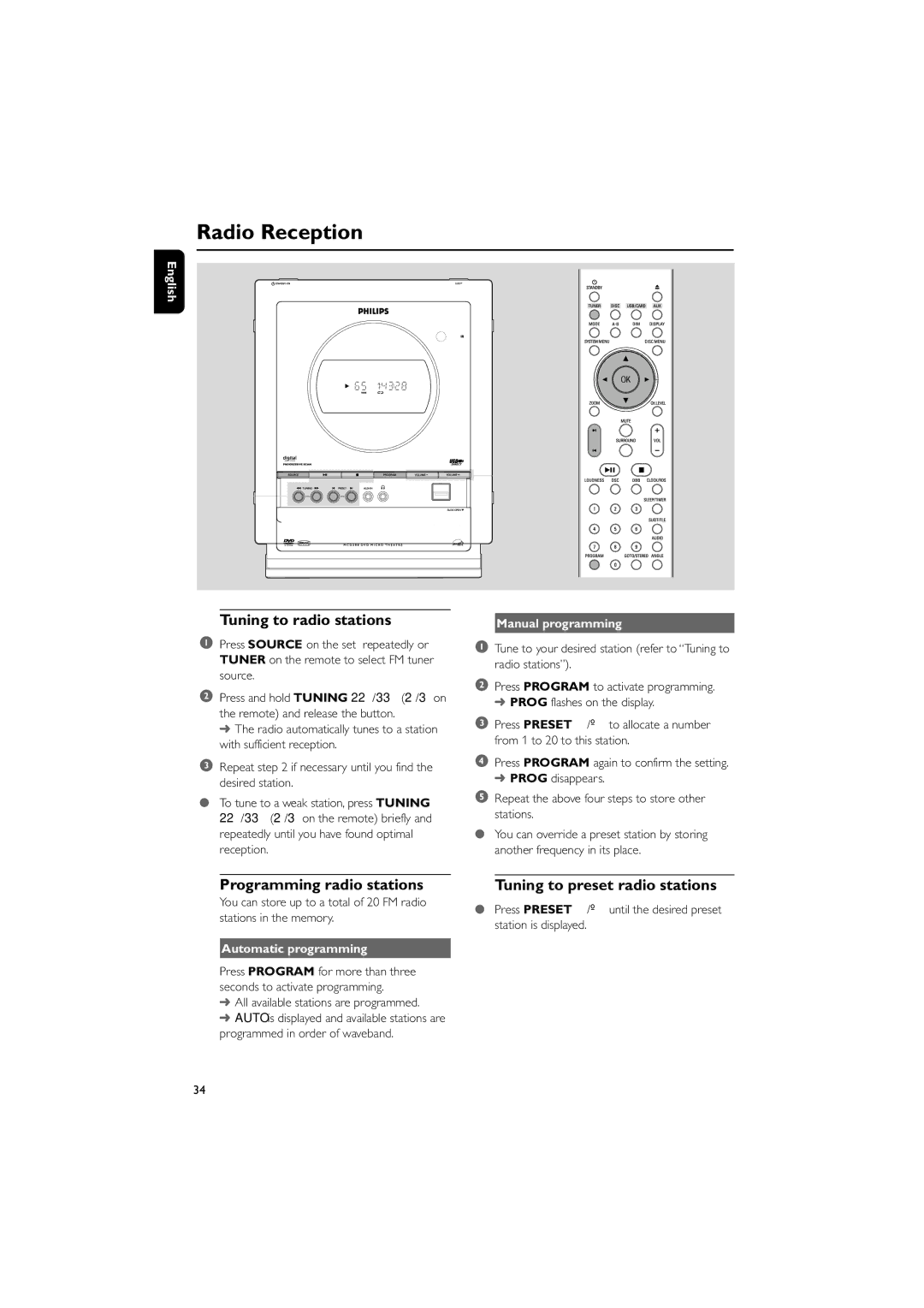 Philips MCD288/05 Radio Reception, Tuning to radio stations, Programming radio stations, Tuning to preset radio stations 