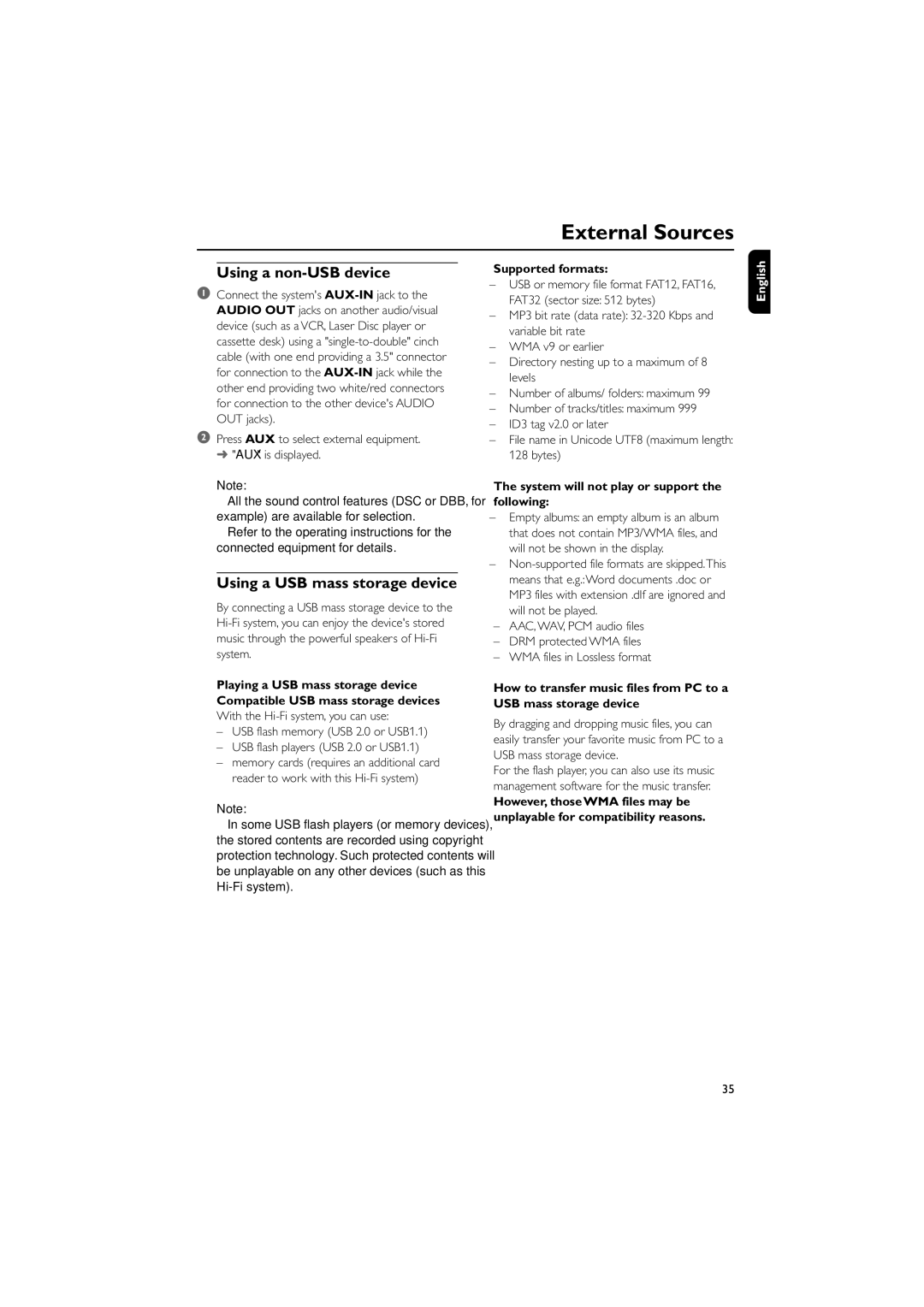 Philips MCD288/05 manual External Sources, Using a non-USB device, Using a USB mass storage device, Supported formats 