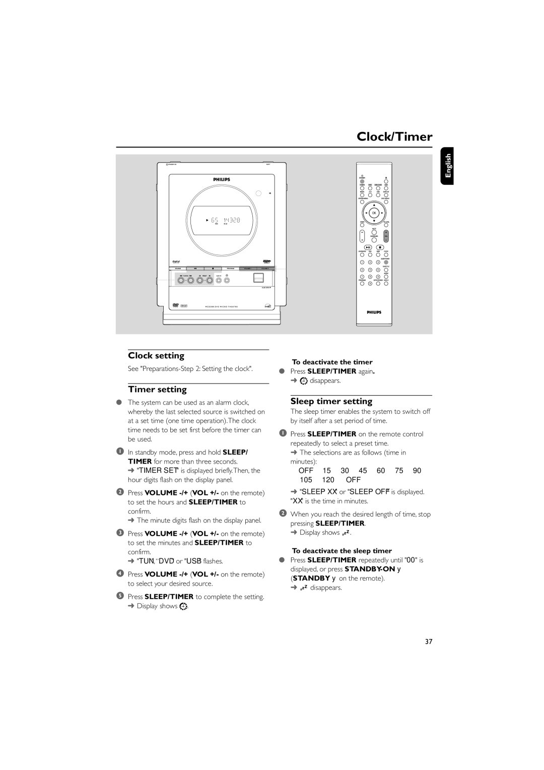 Philips MCD288/05 manual Clock setting, Timer setting, Sleep timer setting, To deactivate the timer 