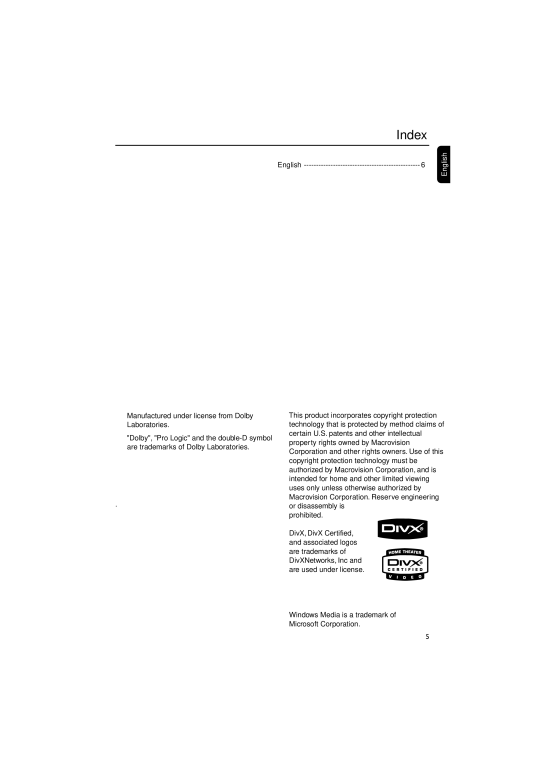 Philips MCD288/05 manual Index, Manufactured under license from Dolby Laboratories, Prohibited, English 