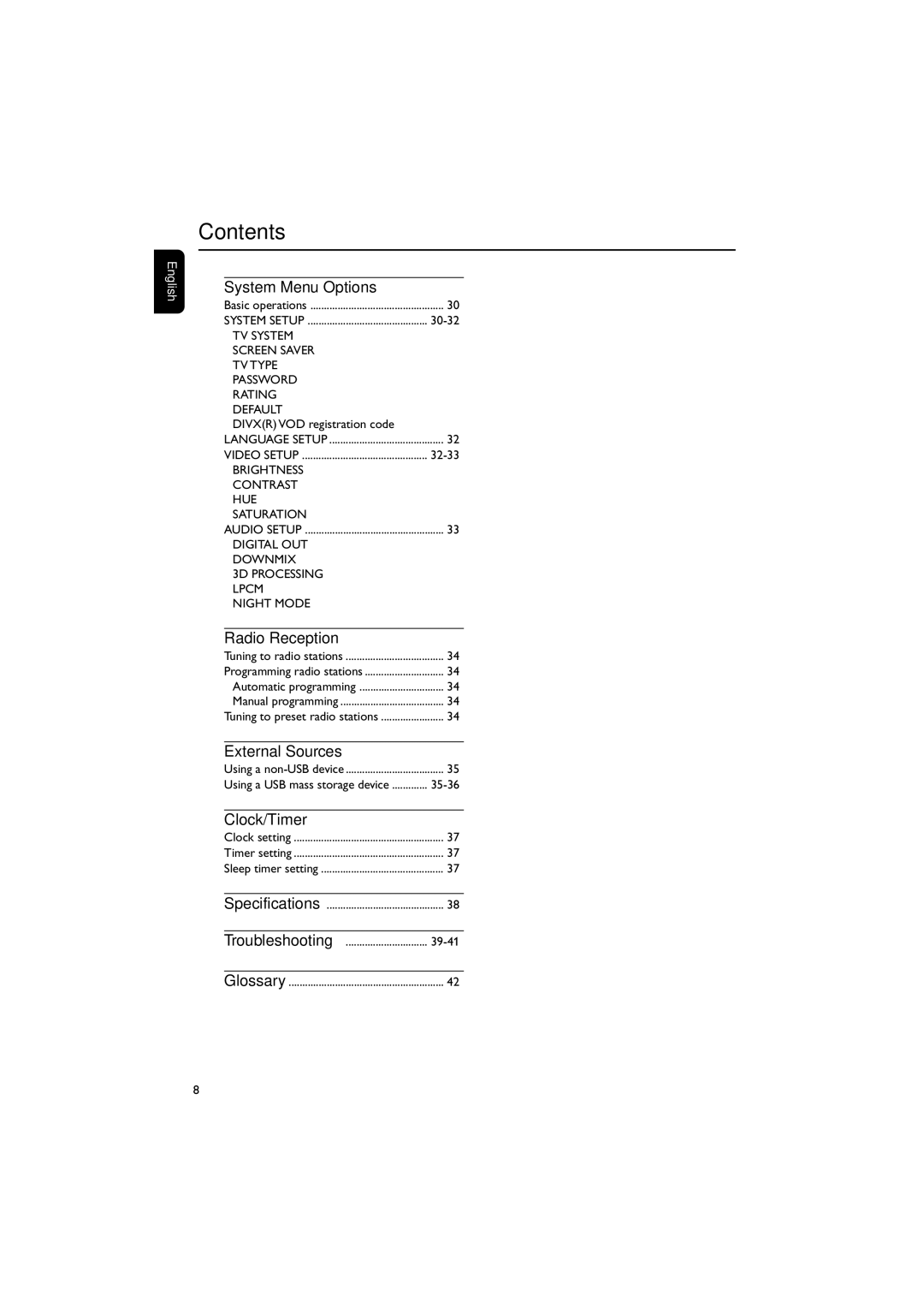 Philips MCD288/05 manual System Menu Options, Radio Reception, External Sources, Clock/Timer, Divxr VOD registration code 